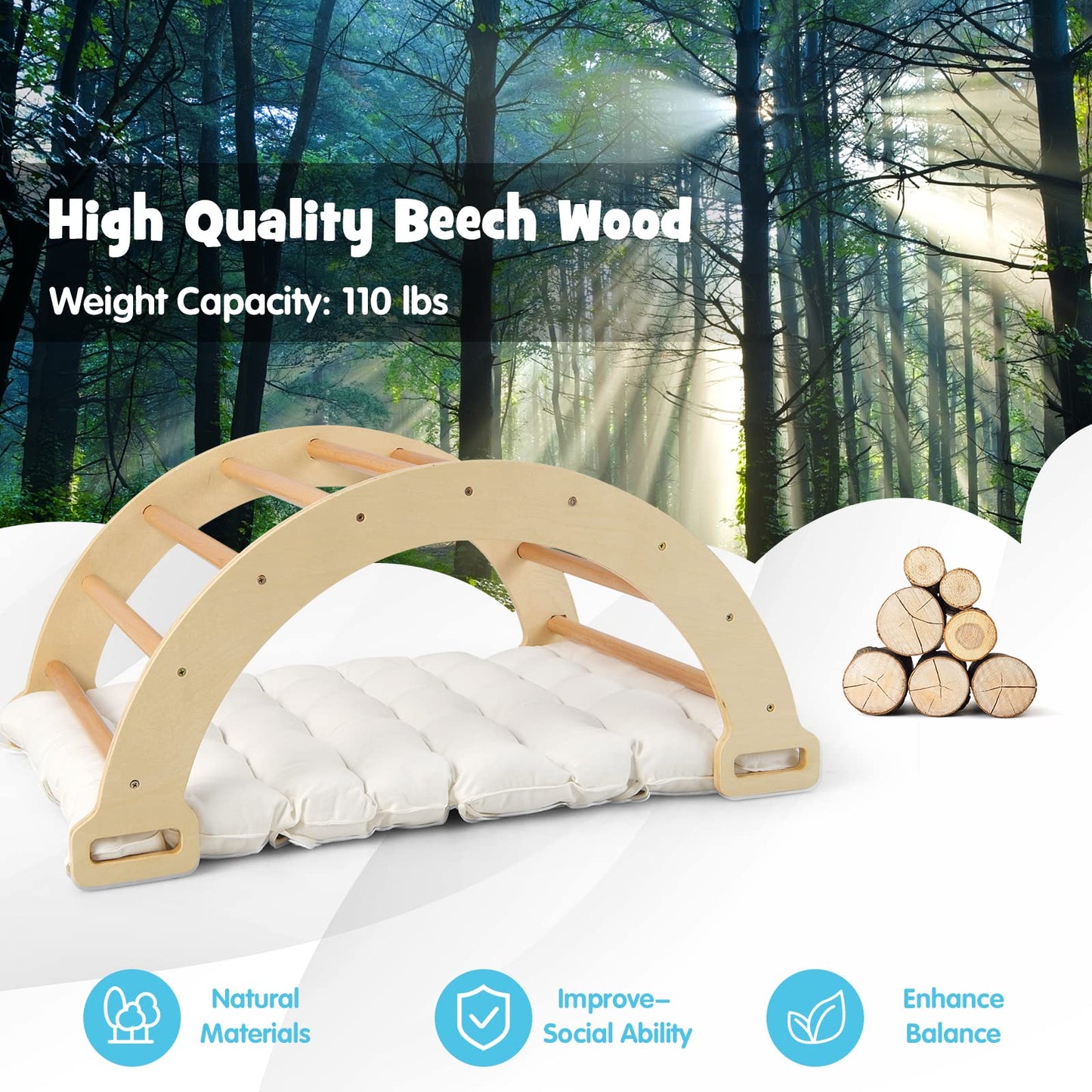 OLAKIDS 4 in 1 Arch Climbing Toys for Toddlers, Montessori Wooden Arch Climber Ladder Structure and Rocker with Cushion Pad