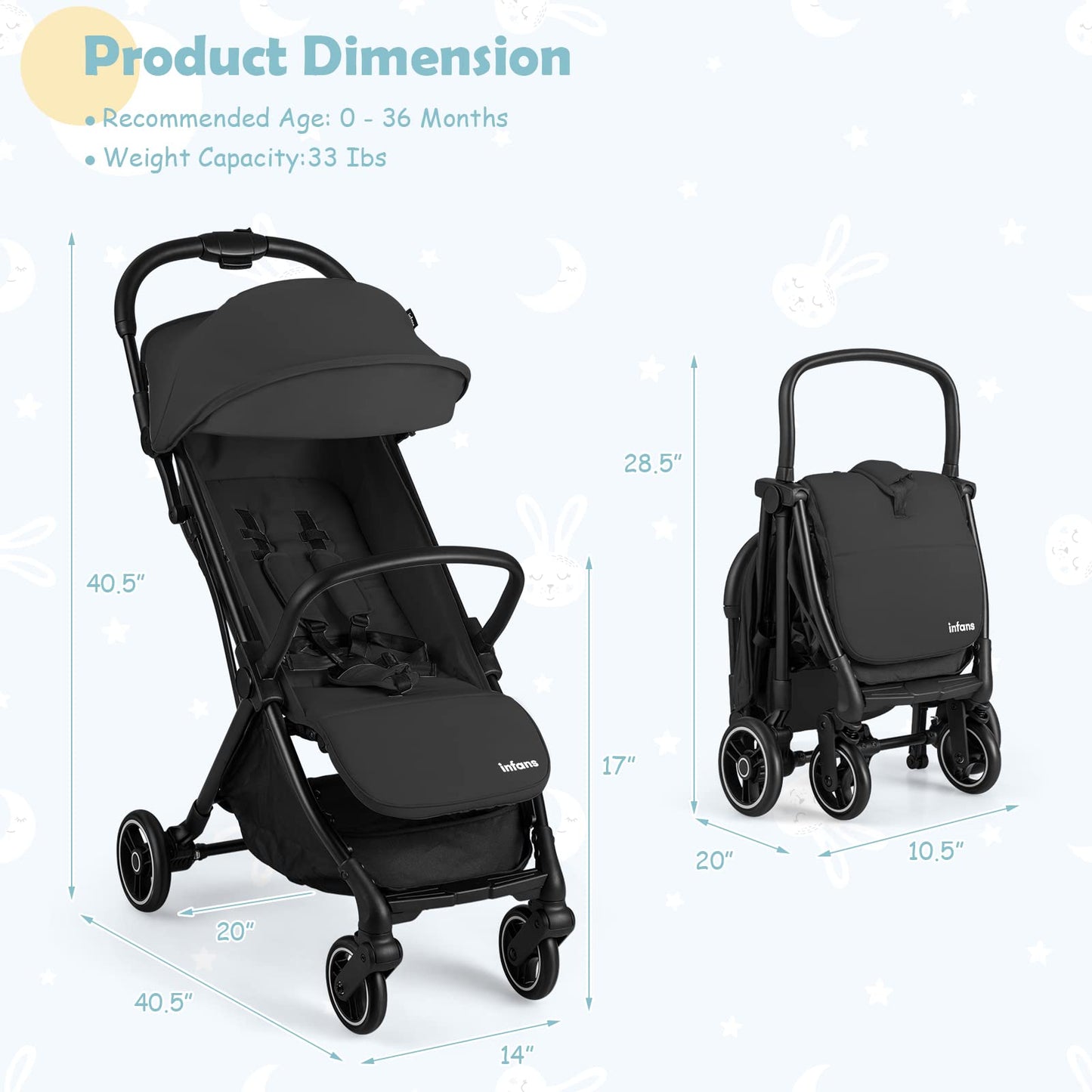 INFANS Lightweight Baby Stroller, One-Hand Gravity Fold, Compact Travel Stroller for Airplane with Aluminium Frame, Adjustable Backrest and Canopy, Foldable Infant Toddler Stroller for 0-36 Month