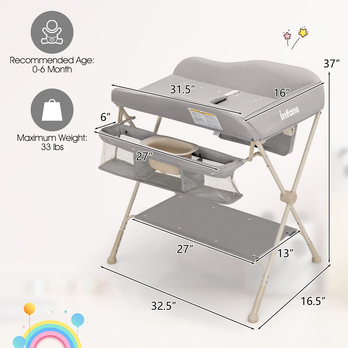 OLAKIDS Portable Baby Changing Table, Folding Diaper Dresser Station with Wheels, Adjustable Height, Safety Belt, Drying and Storage Rack OLAKIDS