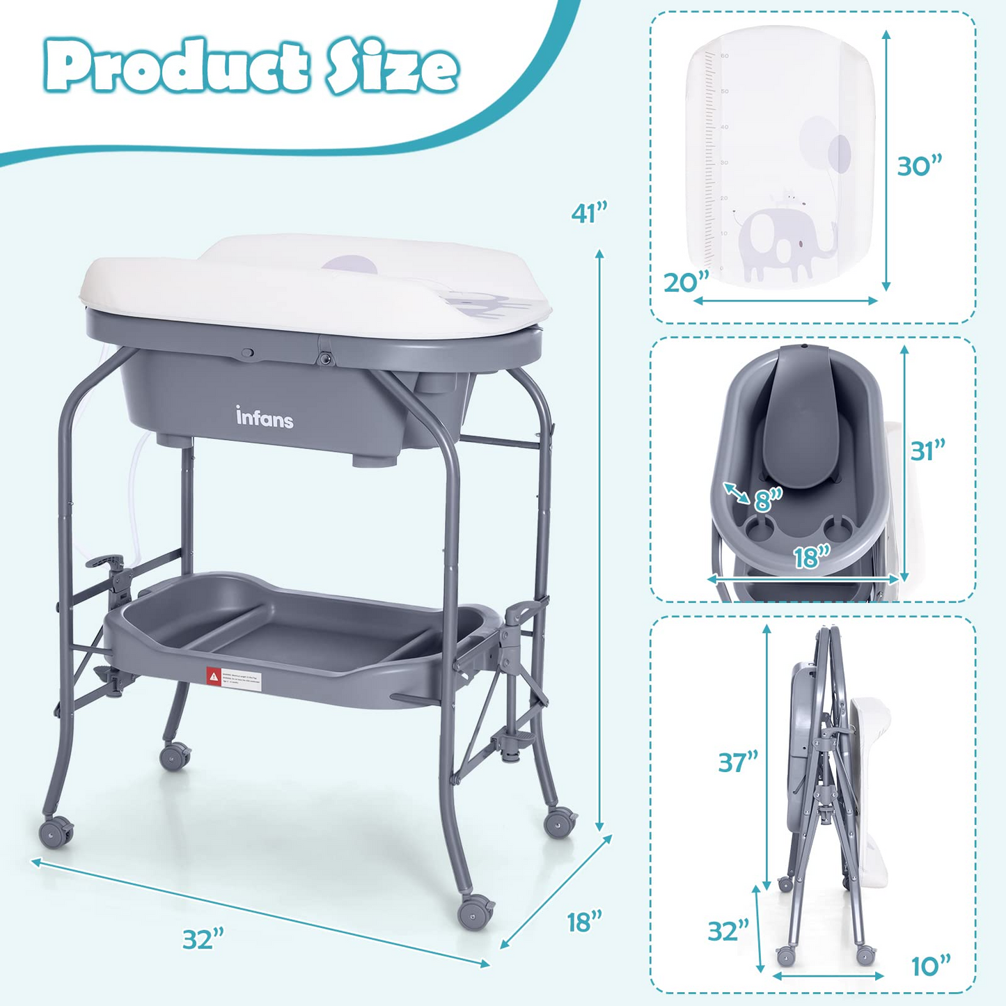 OLAKIDS 2 in 1 Baby Changing Table with Bath Tub Unit, Folding Diaper Dresser Station with Wheels Waterproof Pad Storage Rack OLAKIDS