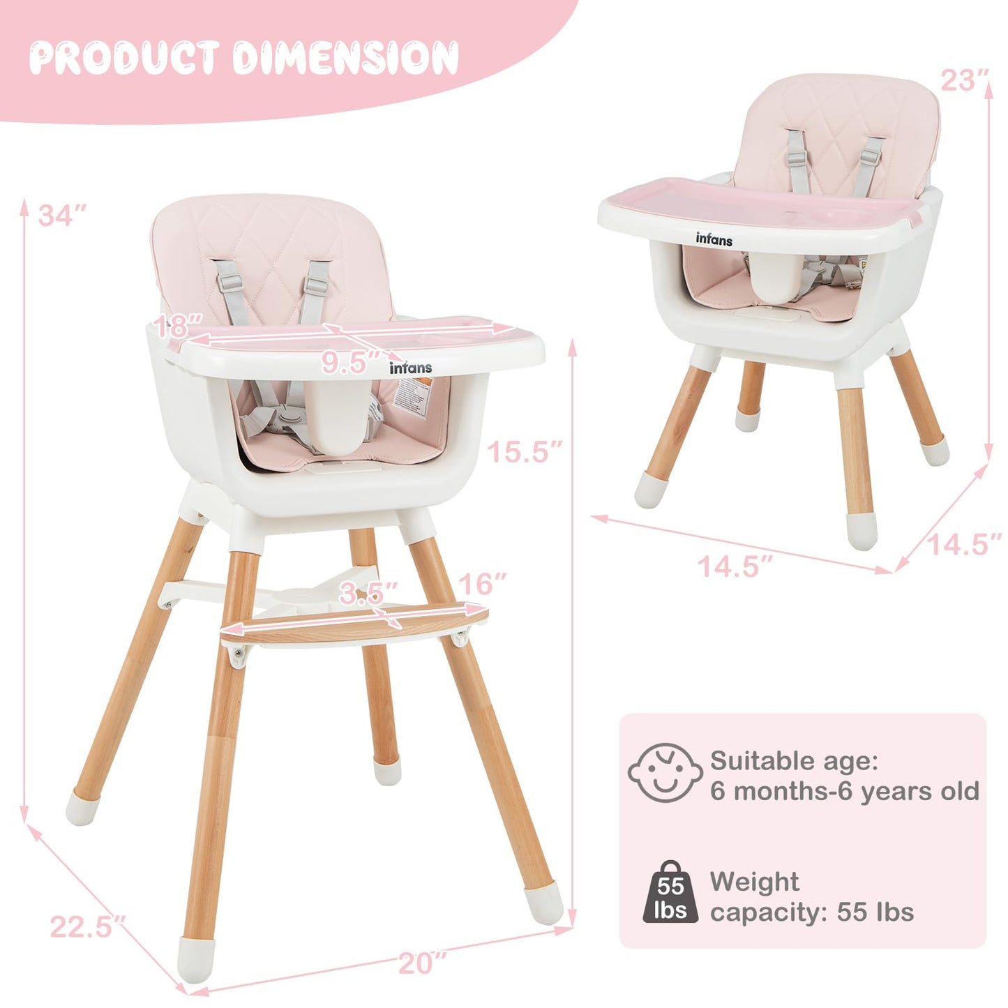 OLAKIDS Baby High Chair, 6 in 1 Convertible Wooden Highchair, Infant Feeding Chair