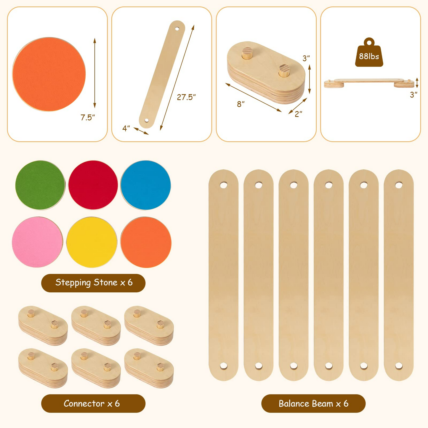 OLAKIDS Montessori Wooden Balance Beam Stepping Stones for Kids Toddler,12 Piece Obstacle Course for Playroom Indoor Outdoor OLAKIDS