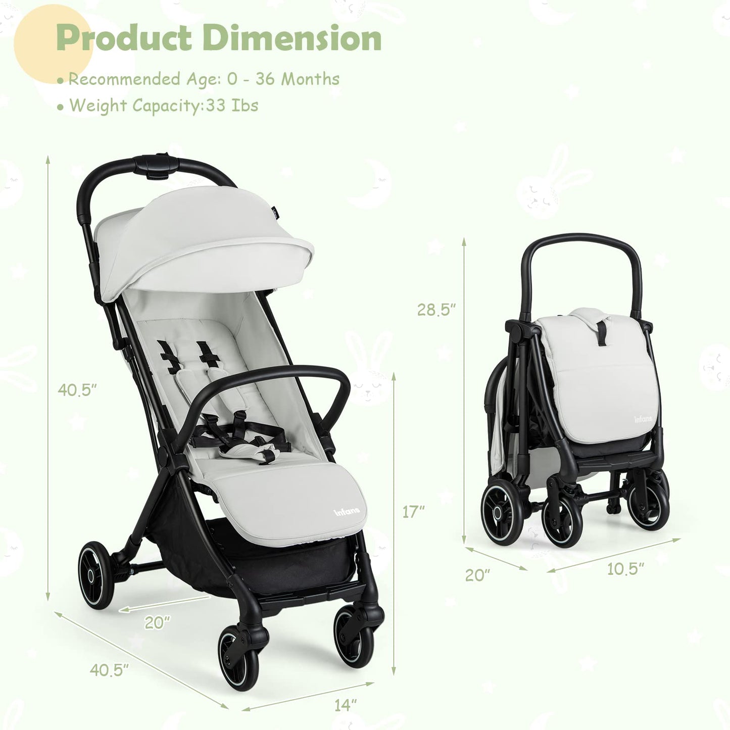 INFANS Lightweight Baby Stroller, One-Hand Gravity Fold, Compact Travel Stroller for Airplane with Aluminium Frame, Adjustable Backrest and Canopy, Foldable Infant Toddler Stroller for 0-36 Month