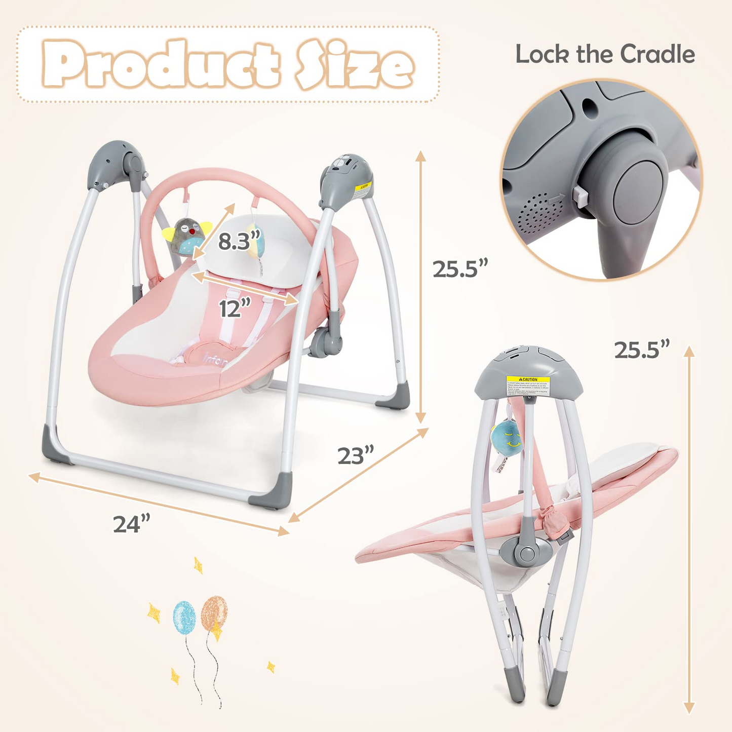 OLAKIDS Baby Swing for Infants, Compact Portable Baby Electric Rocker for Newborn with 5 Speed Natural Sway Music Timing 2 Toys Remote Control, Easy Fold, 0-6 Months Boy Girl (Grey) OLAKIDS