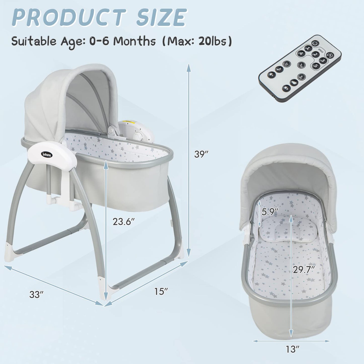 OLAKIDS Baby Electric Cradle Swing for Infants, Automatic Bassinet Crib with Remote Control 5 Speed Natural Sway Timing Function 12 Preset Lullabies OLAKIDS