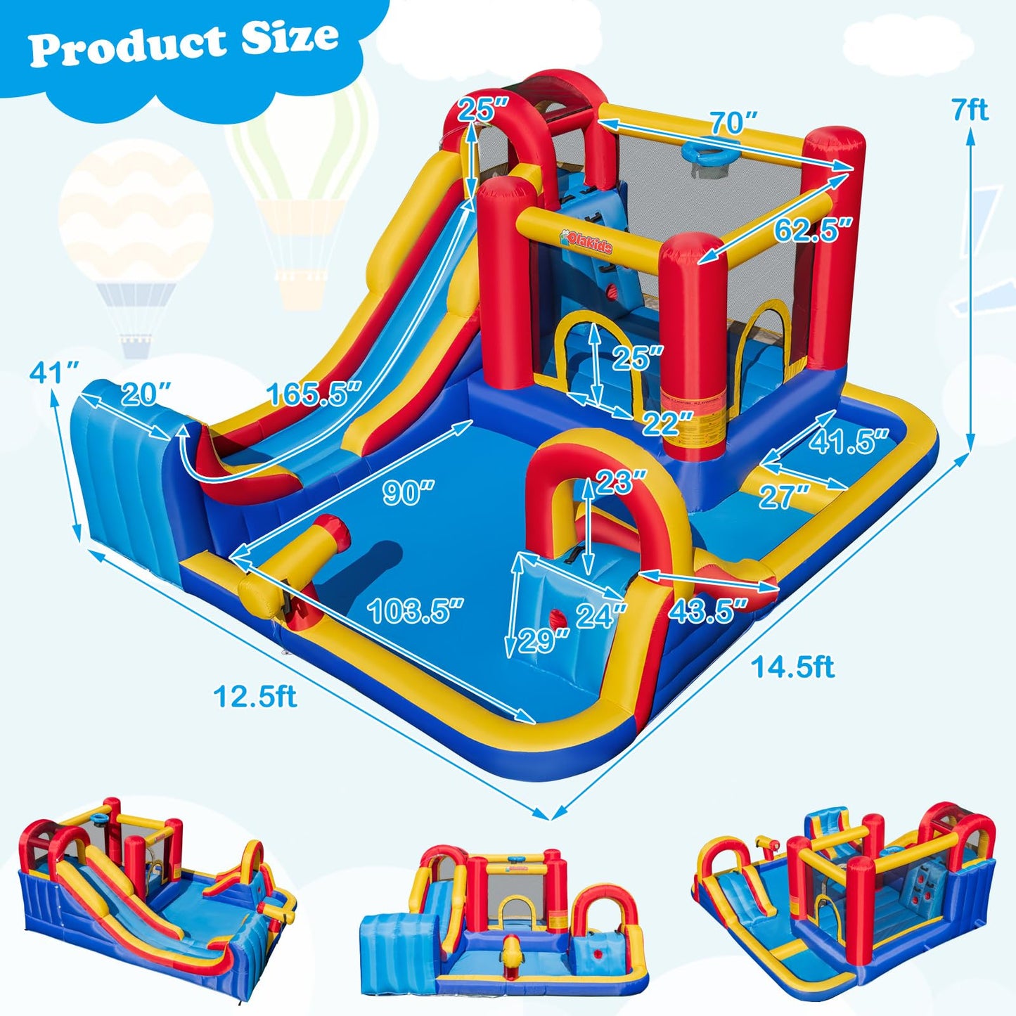 OLAKIDS Inflatable Water Slide, 8 in 1 Bounce House Water Park with 2 Slides Splash Pools, Climbing Wall, Water Gun, Basketball Rim, Outdoor Inflatable Obstacle Course for Kids(without air blower