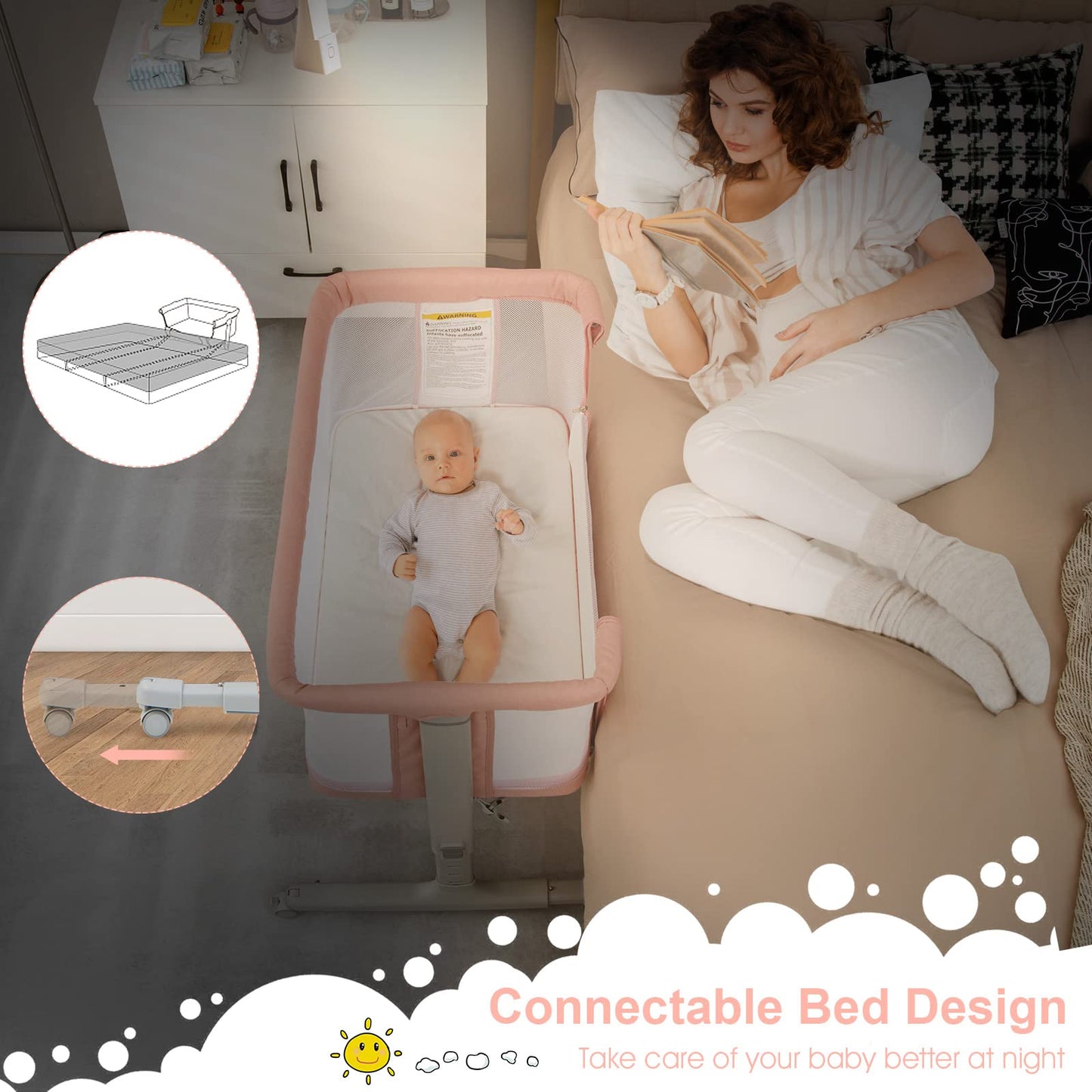 INFANS 3 in 1 Baby Bassinets, Bedside Sleeper for Newborn, Folding Crib with Mattress, Travel Bag, Wheels, 4-Sided Mesh, Easy to Assemble Cradle Co Sleeper Stationary, Rock