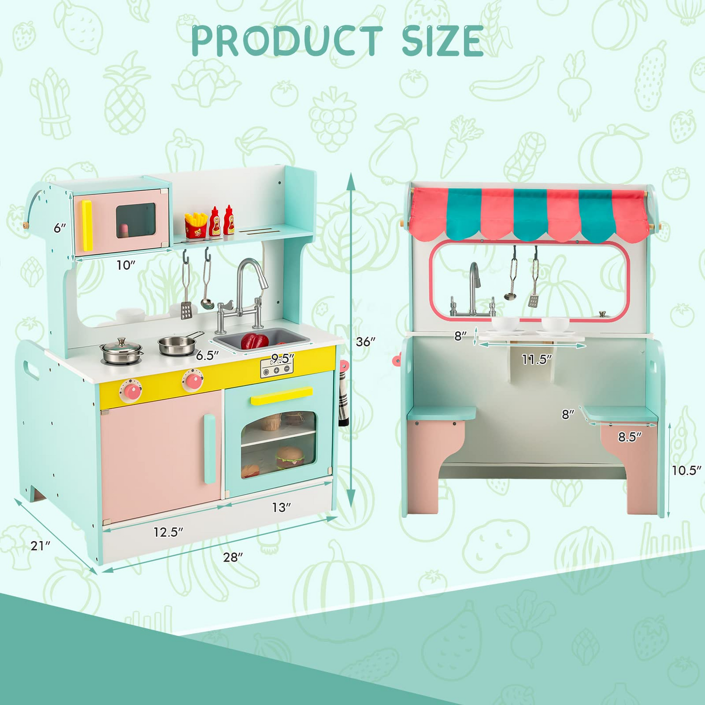 OLAKIDS 2 in 1 Kids Play Kitchen and Restaurant, Double Sided Toddler Wooden Pretend Cooking Set with Stove Sink Microwave Storage Cabinet OLAKIDS