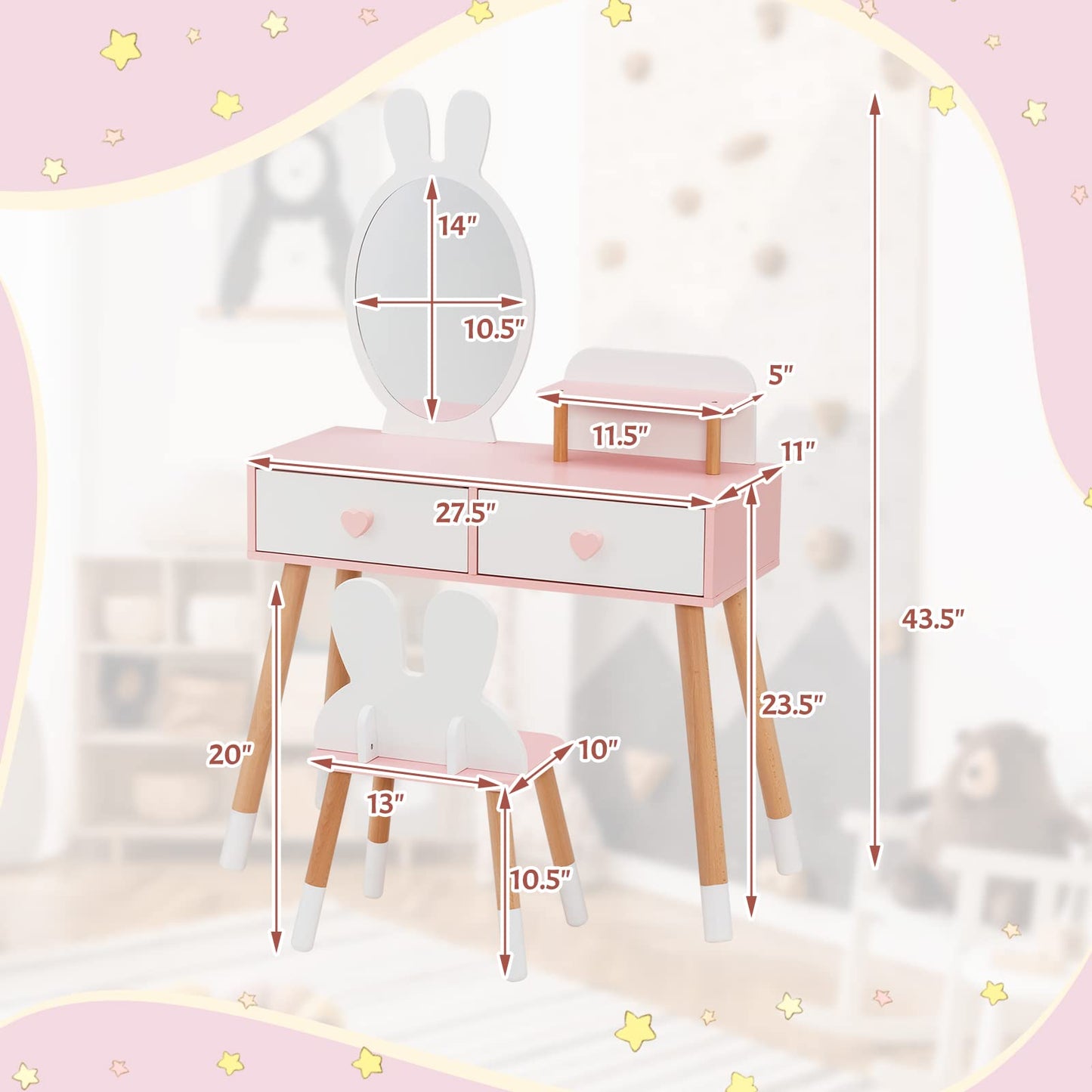OLAKIDS Kids Vanity Set, 2 in 1 Wooden Princess Makeup Table and Chair with Mirror OLAKIDS