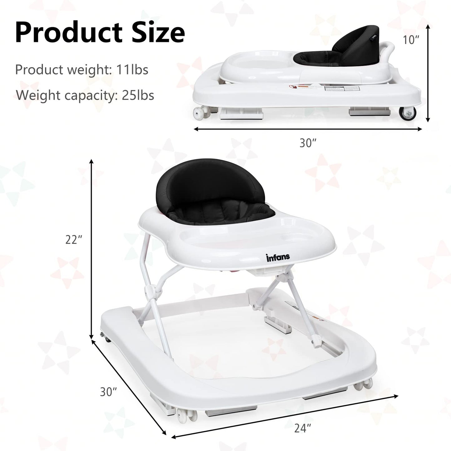 INFANS Foldable Baby Walker, 3 in 1 Toddler Walker Learning-Seated Walk-Behind for Boys and Girls, Adjustable Speed Rear Wheels, Safety Bumper, Detachable Seat Cover, Anti-Rollover (Pink)