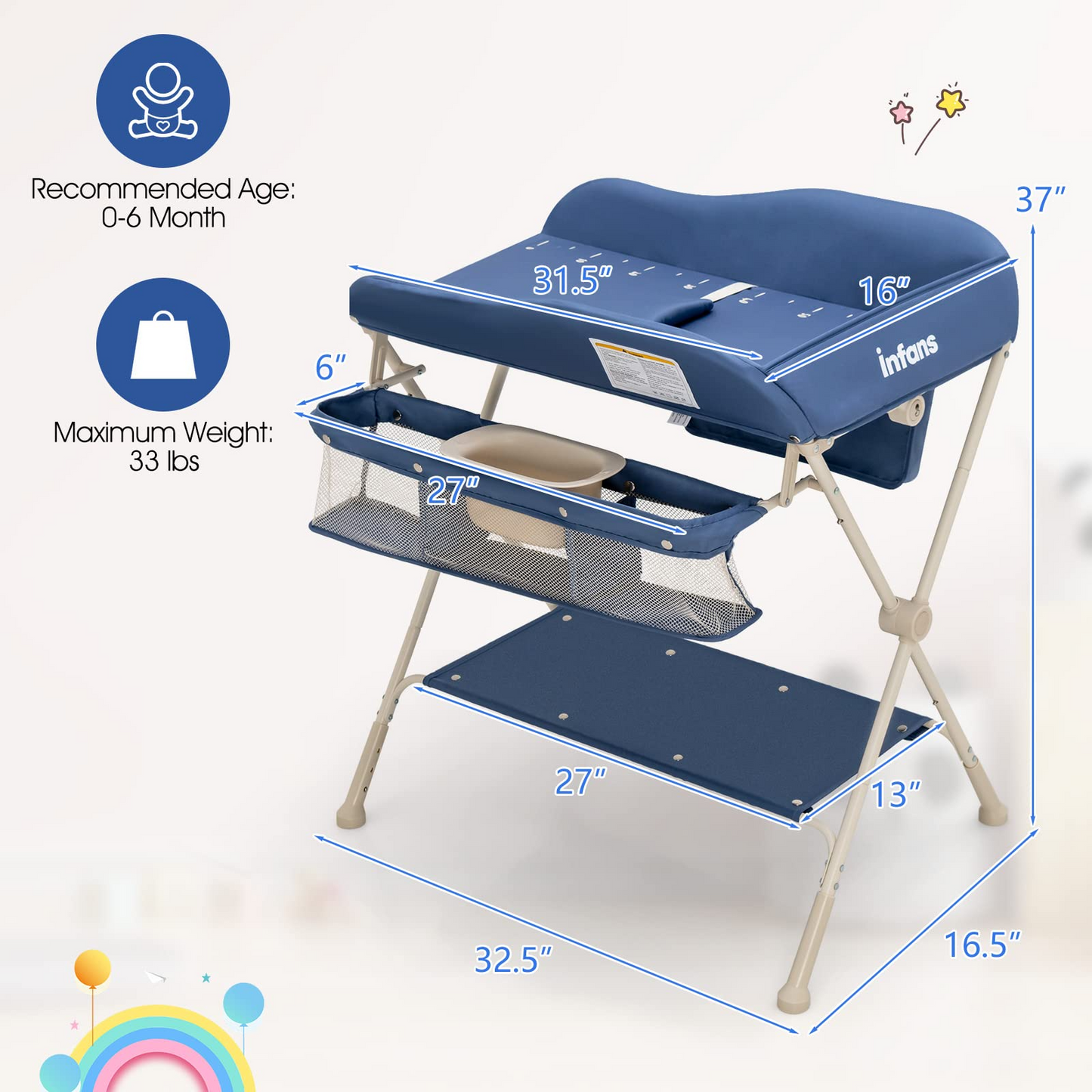 OLAKIDS Portable Baby Changing Table, Folding Diaper Dresser Station with Wheels, Adjustable Height, Safety Belt, Drying and Storage Rack OLAKIDS