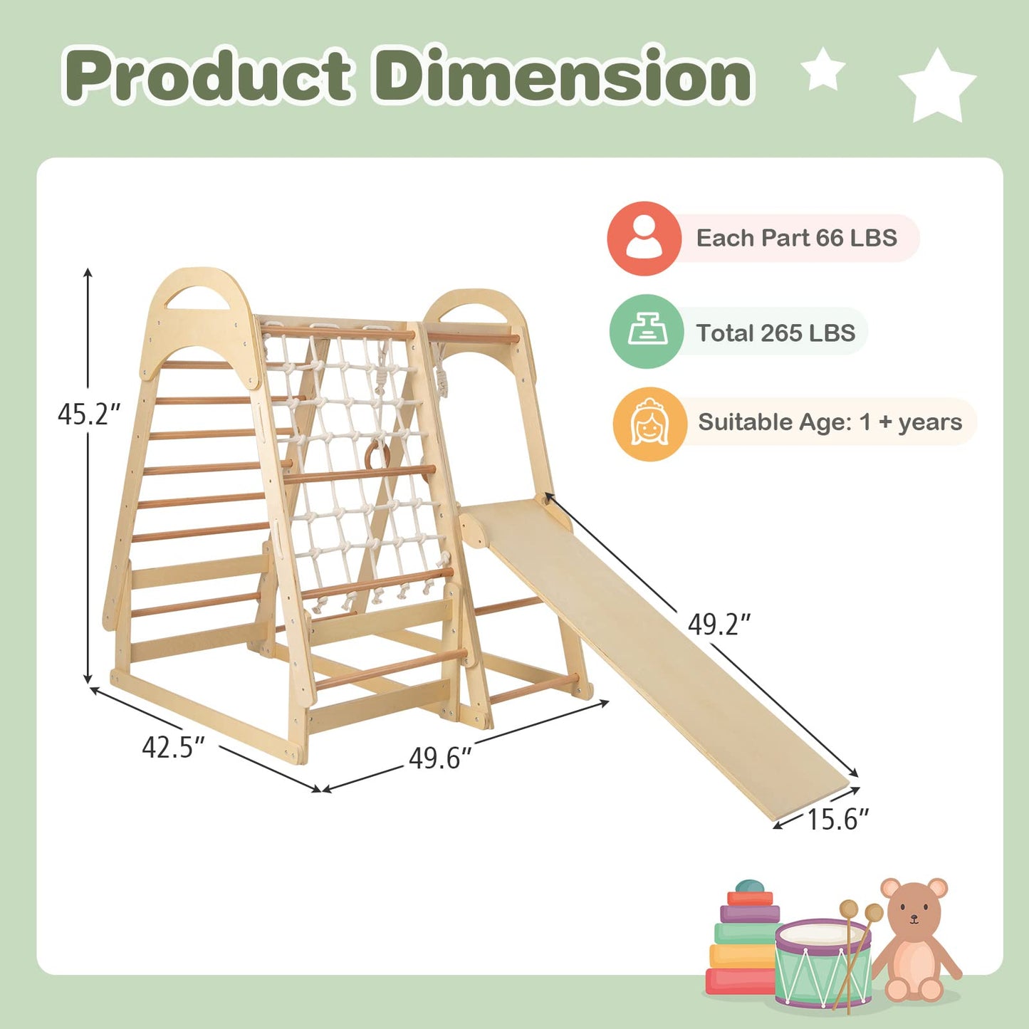OLAKIDS 7 in 1 Kids Indoor Playground, Wooden Montessori Climber Playset with Tent Slide Climbing Rock Climbing Net