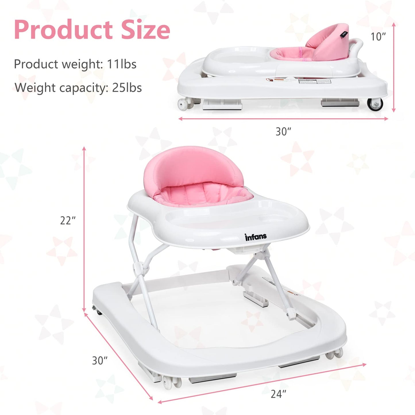 INFANS Foldable Baby Walker, 3 in 1 Toddler Walker Learning-Seated Walk-Behind for Boys and Girls, Adjustable Speed Rear Wheels, Safety Bumper, Detachable Seat Cover, Anti-Rollover (Pink)