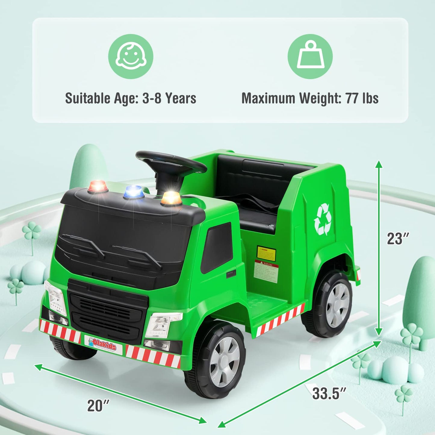 OLAKIDS Ride on Car, 6V Recycling Garbage Truck Electric Vehicle with Music, Horn, Warning Lights