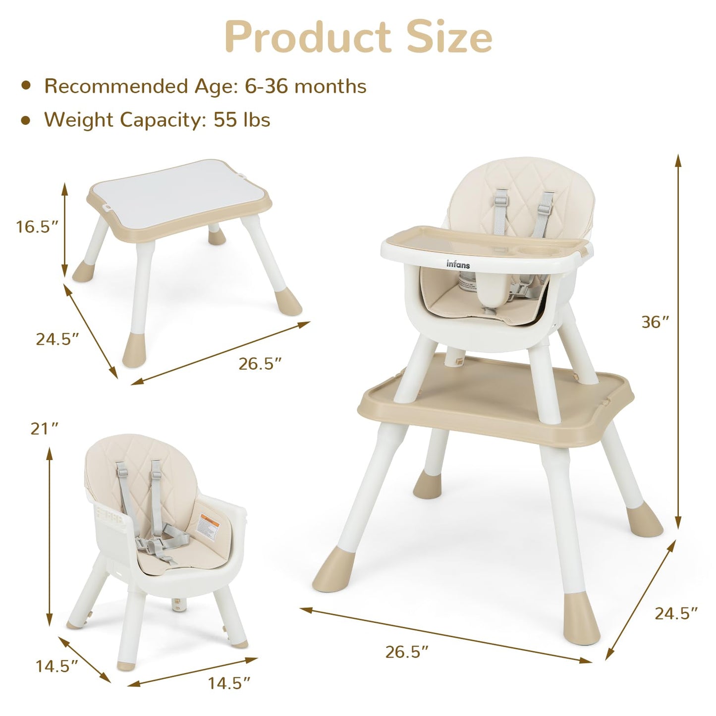 OLAKIDS 6 in 1 Baby High Chair, Convertible Highchair for Babies and Toddlers, Building Block Table
