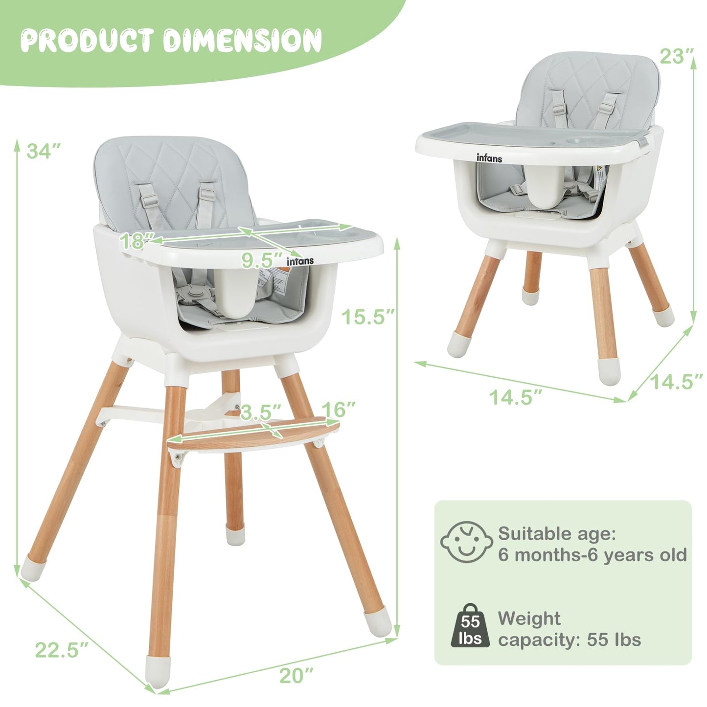 OLAKIDS Baby High Chair, 6 in 1 Convertible Wooden Highchair, Infant Feeding Chair