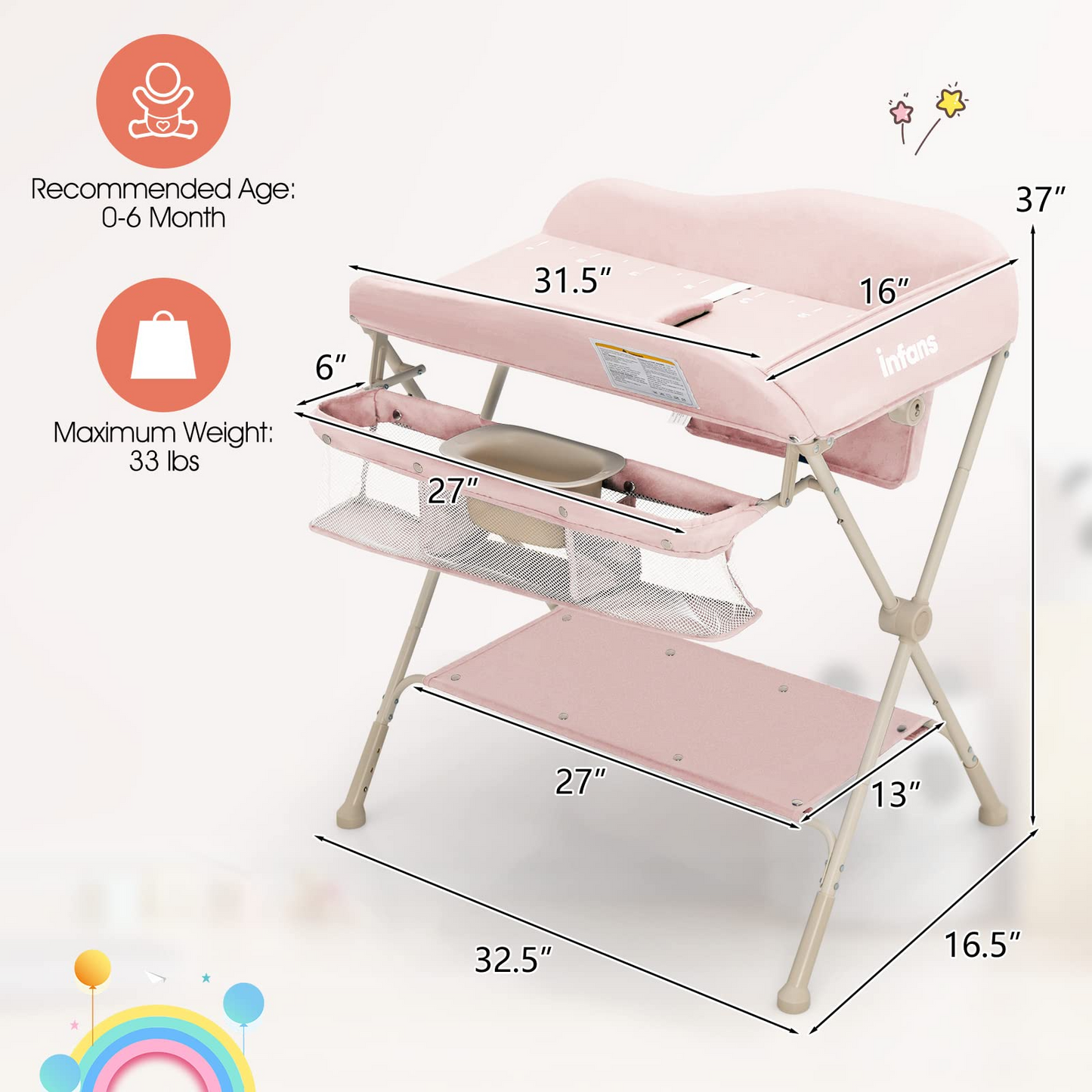 OLAKIDS Portable Baby Changing Table, Folding Diaper Dresser Station with Wheels, Adjustable Height, Safety Belt, Drying and Storage Rack OLAKIDS