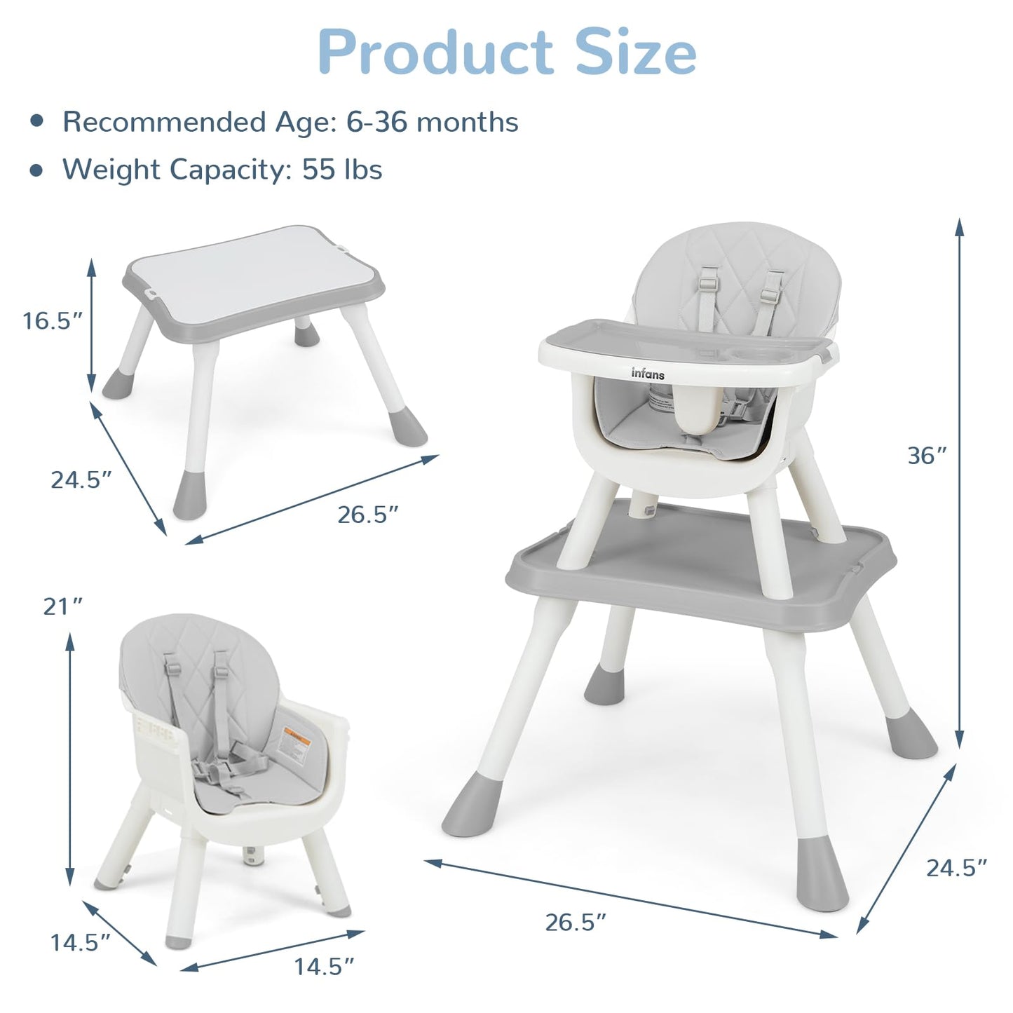 OLAKIDS 6 in 1 Baby High Chair, Convertible Highchair for Babies and Toddlers, Building Block Table