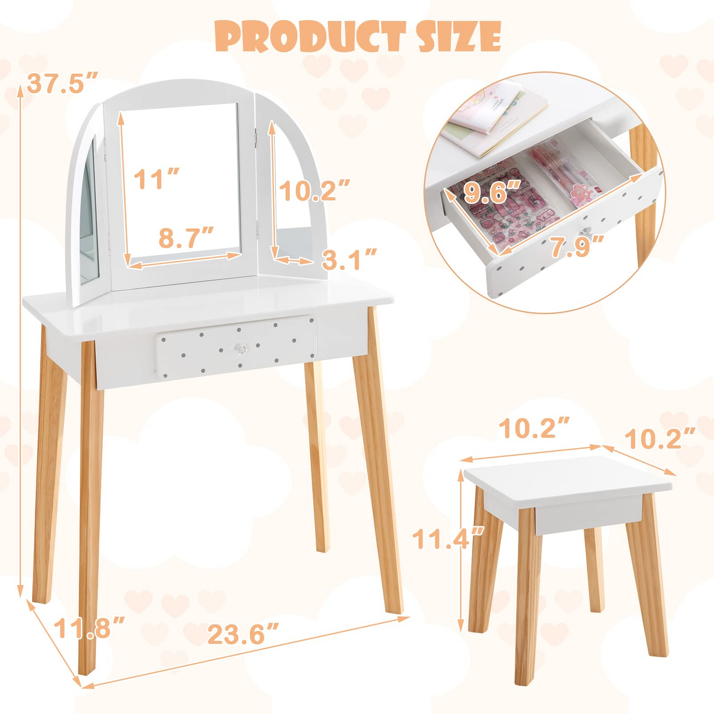 OLAKIDS Kids Vanity Table and Chair Set, Pretend Beauty Play Vanity Set with Tri-Folding Mirror Drawer Stool and Detachable Top, 2 in 1 Wooden Princess Makeup Dressing Table for Girls OLAKIDS