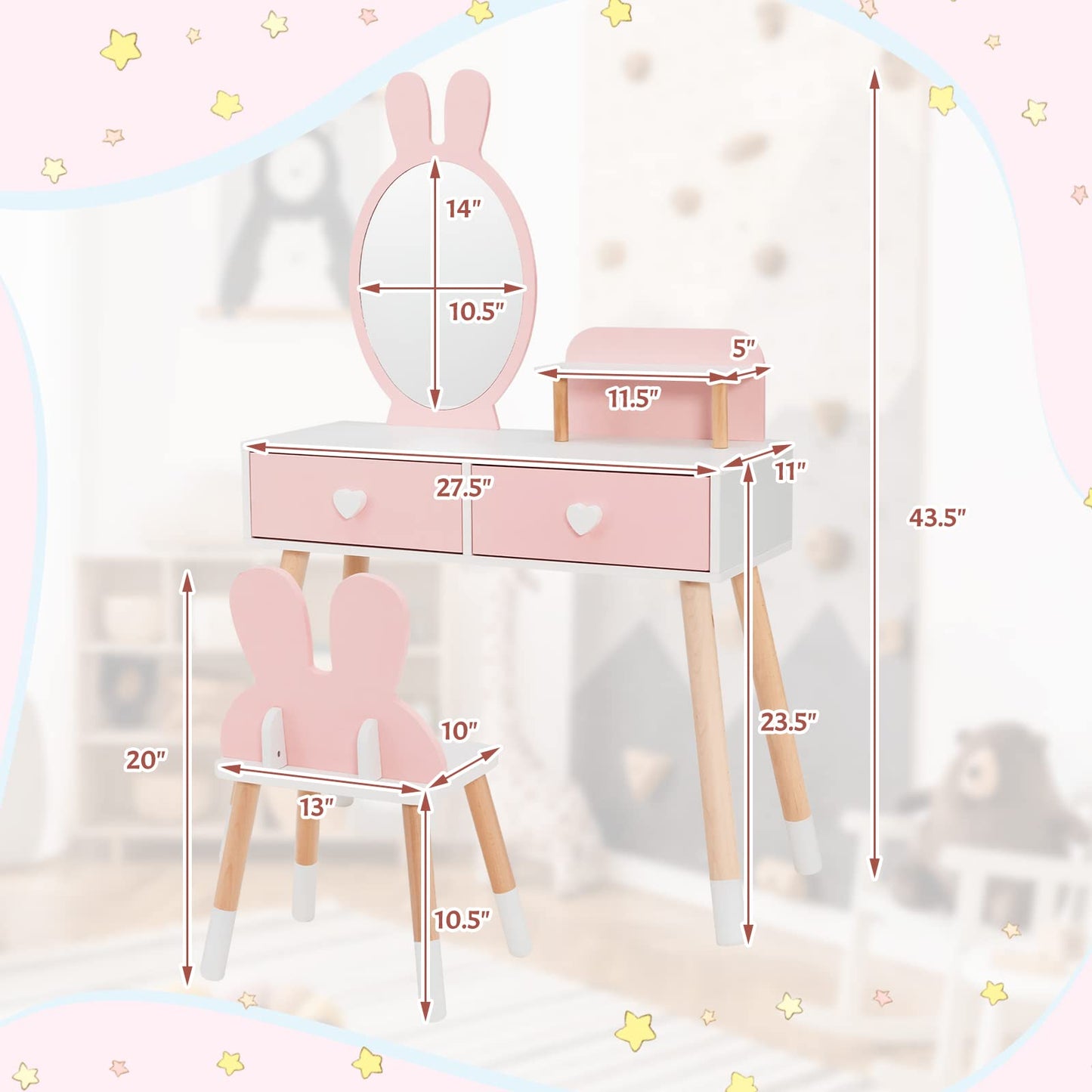 OLAKIDS Kids Vanity Set, 2 in 1 Wooden Princess Makeup Table and Chair with Mirror OLAKIDS