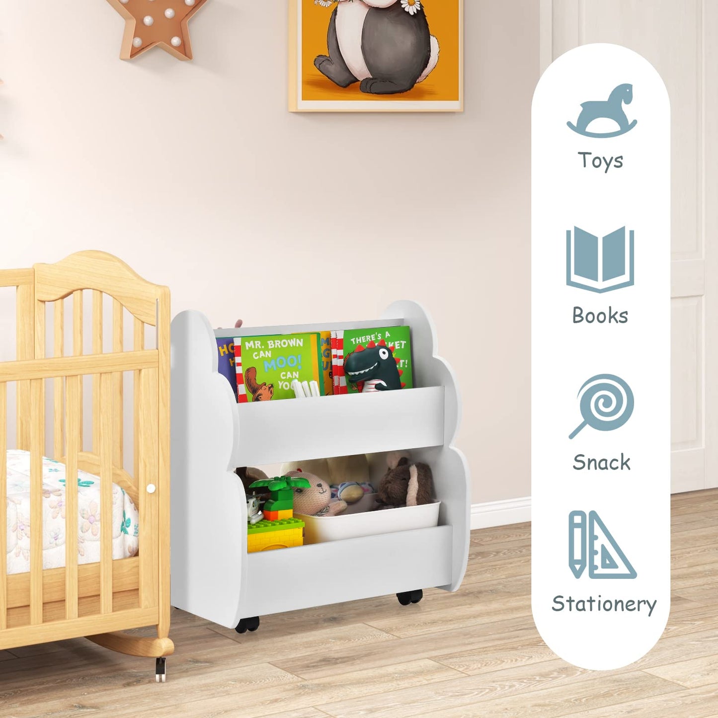 OLAKIDS Kids Bookshelf with Wheels, Wooden Bookcase Toy Storage Cabinet Organizer Holder