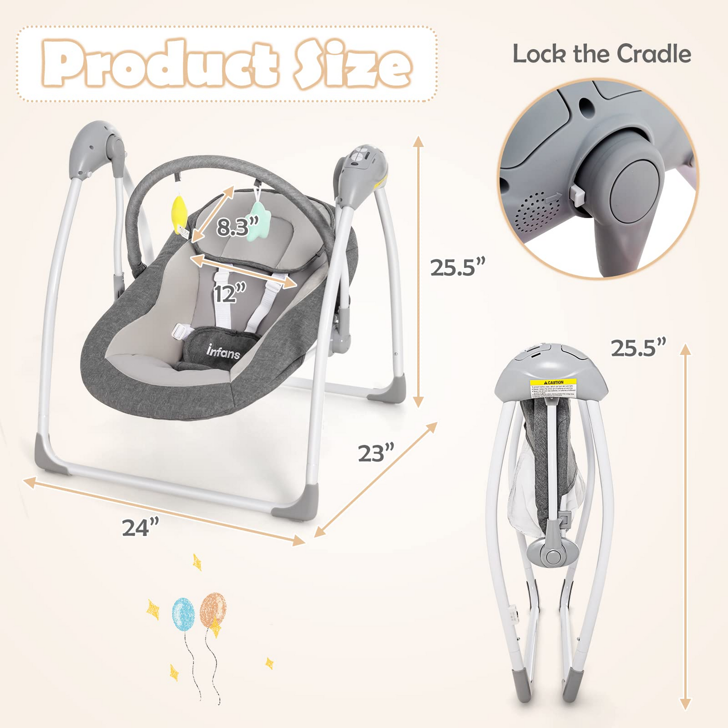 OLAKIDS Baby Swing for Infants, Compact Portable Baby Electric Rocker for Newborn with 5 Speed Natural Sway Music Timing 2 Toys Remote Control, Easy Fold, 0-6 Months Boy Girl (Grey) OLAKIDS