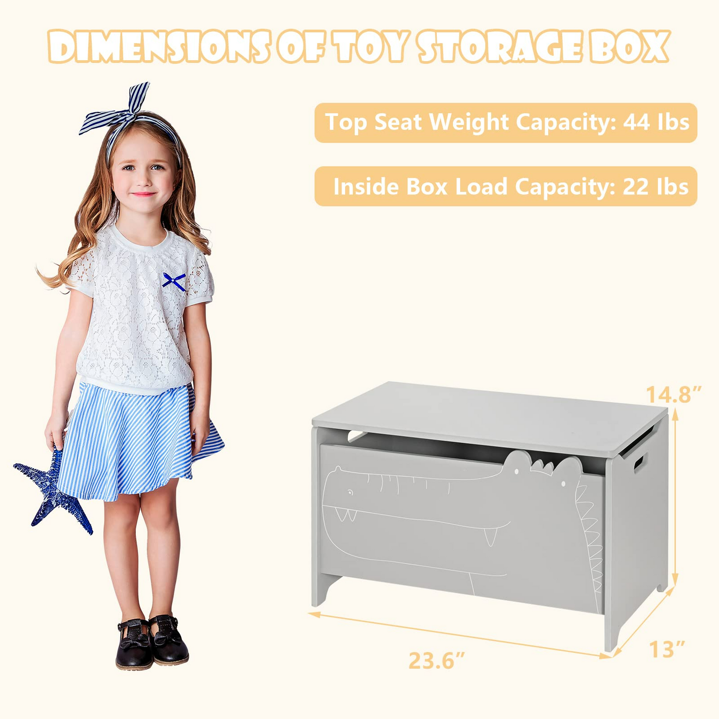 OLAKIDS Wooden Toy Chest , Wide Kids Toy Box Storage Space with Safety Hinge and Handles OLAKIDS