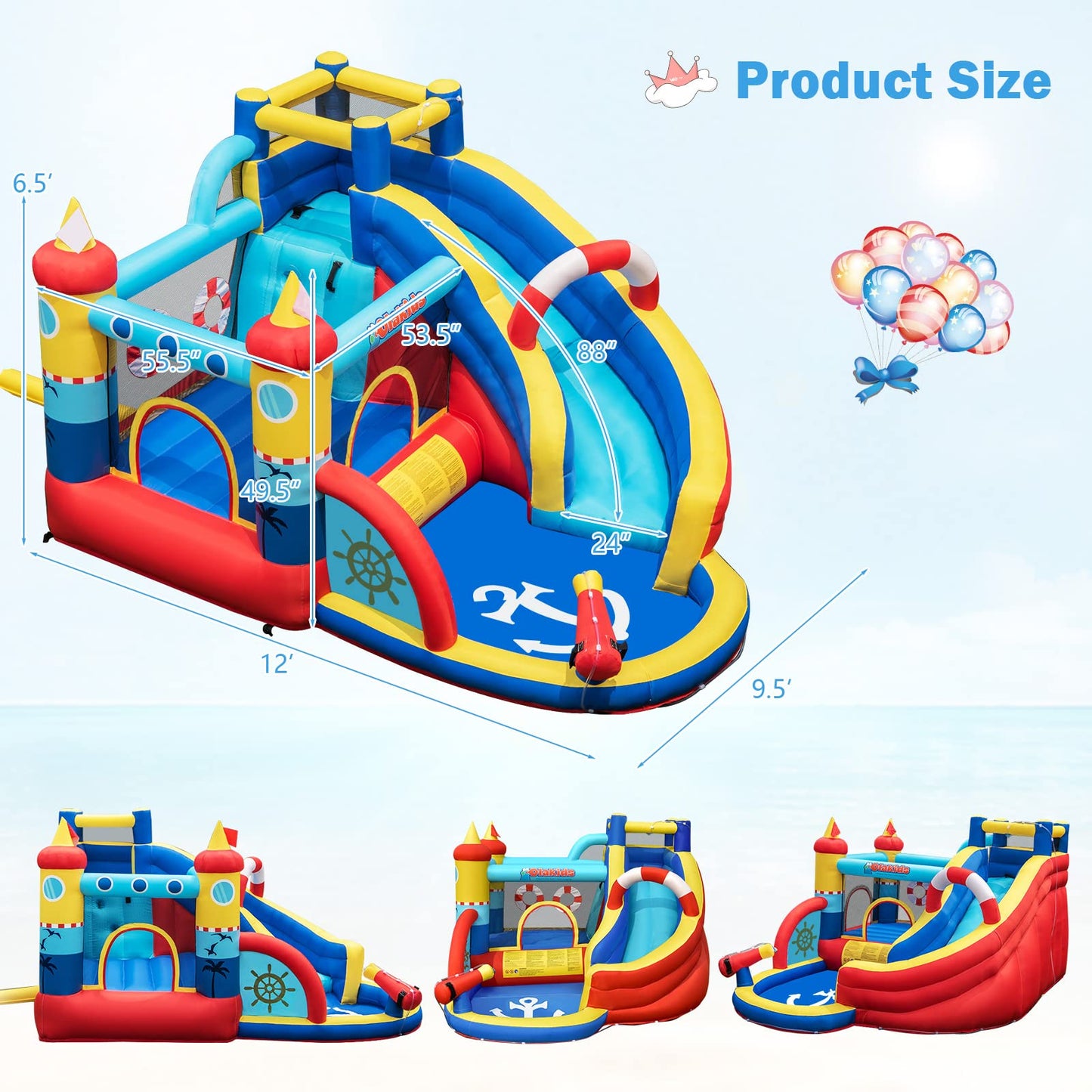 Inflatable Water Slides, Nautical Themed Bouncy House with Slide, Splash Pool, Climbing Wall, Water Gun
