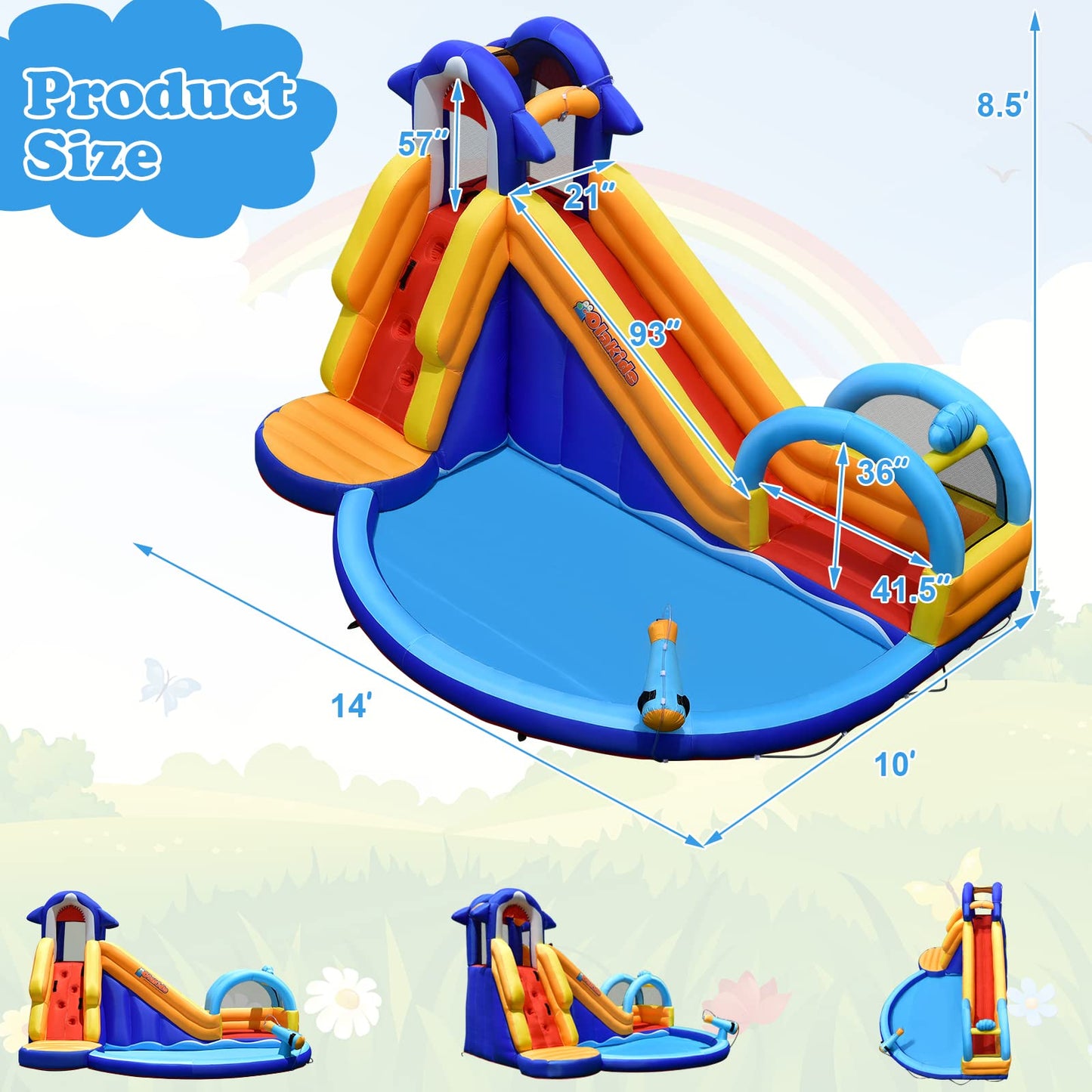 OLAKIDS Inflatable Water Slides, Shark Theme 14FT x 10FT x 8.5FT Bouncy House with Slide, Splash Pool, Climbing Wall, Water Gun OLAKIDS