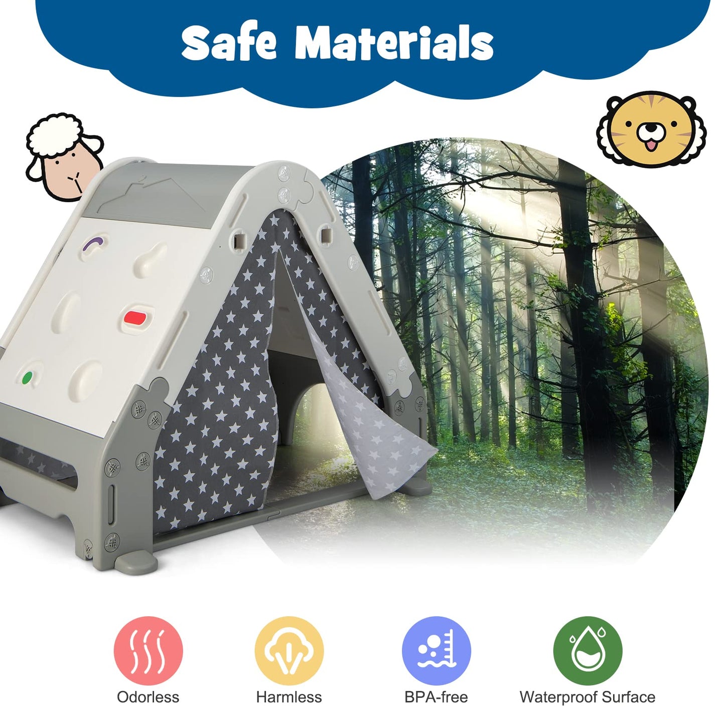 OLAKIDS Triangle Climber with Tent, Kids Hideaway Play Tent with Art Easel