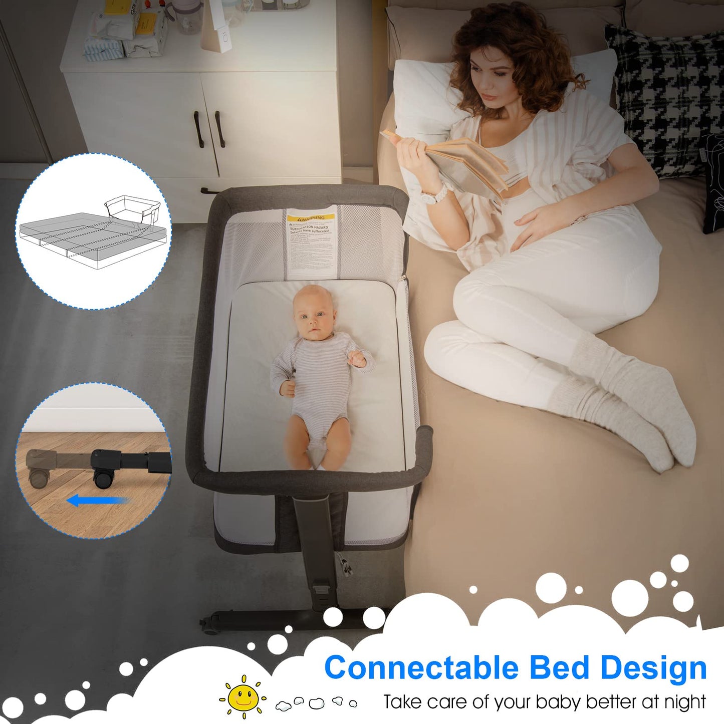 INFANS 3 in 1 Baby Bassinets, Bedside Sleeper for Newborn, Folding Crib with Mattress, Travel Bag, Wheels, 4-Sided Mesh, Easy to Assemble Cradle Co Sleeper Stationary, Rock