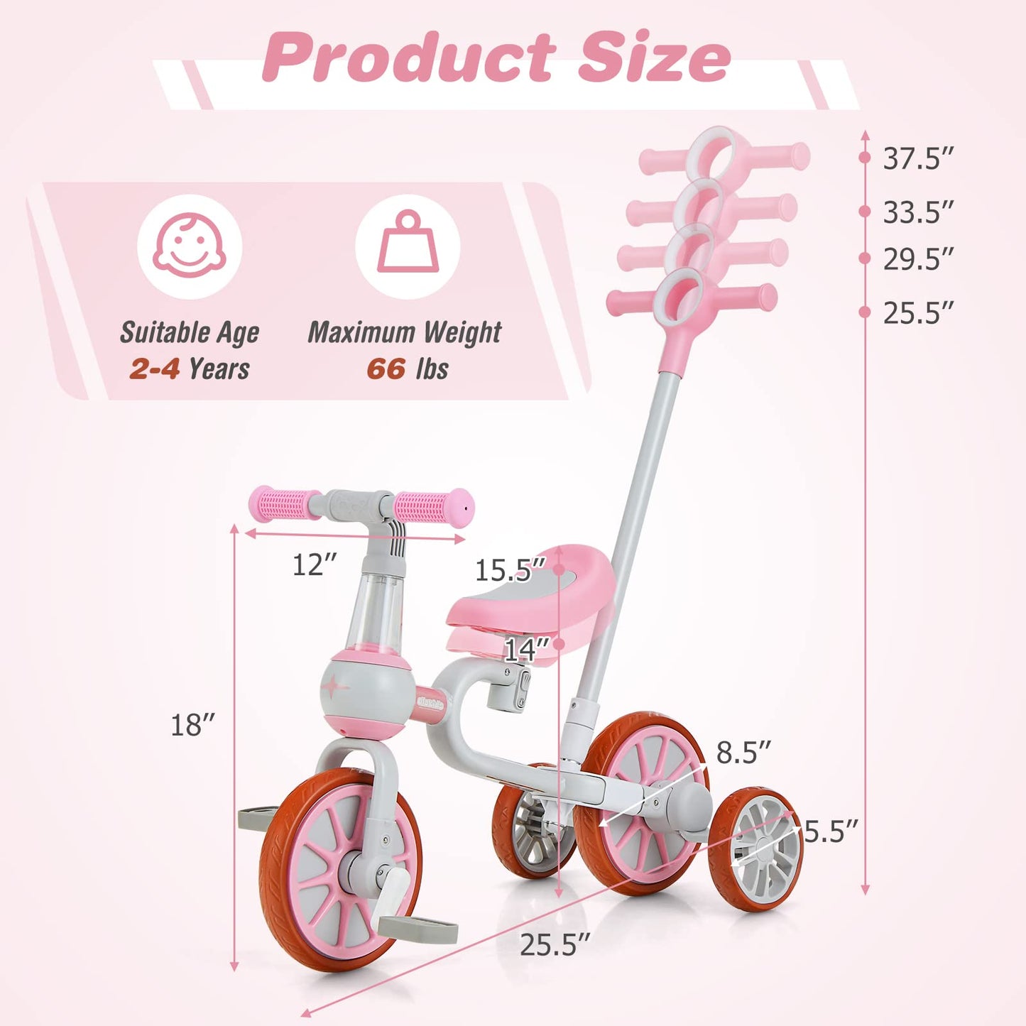 Toddler Tricycle, 5 in 1 Kids Trike for Age 2-4 with Push Handle, Baby Bike with Adjustable Seat and Handle