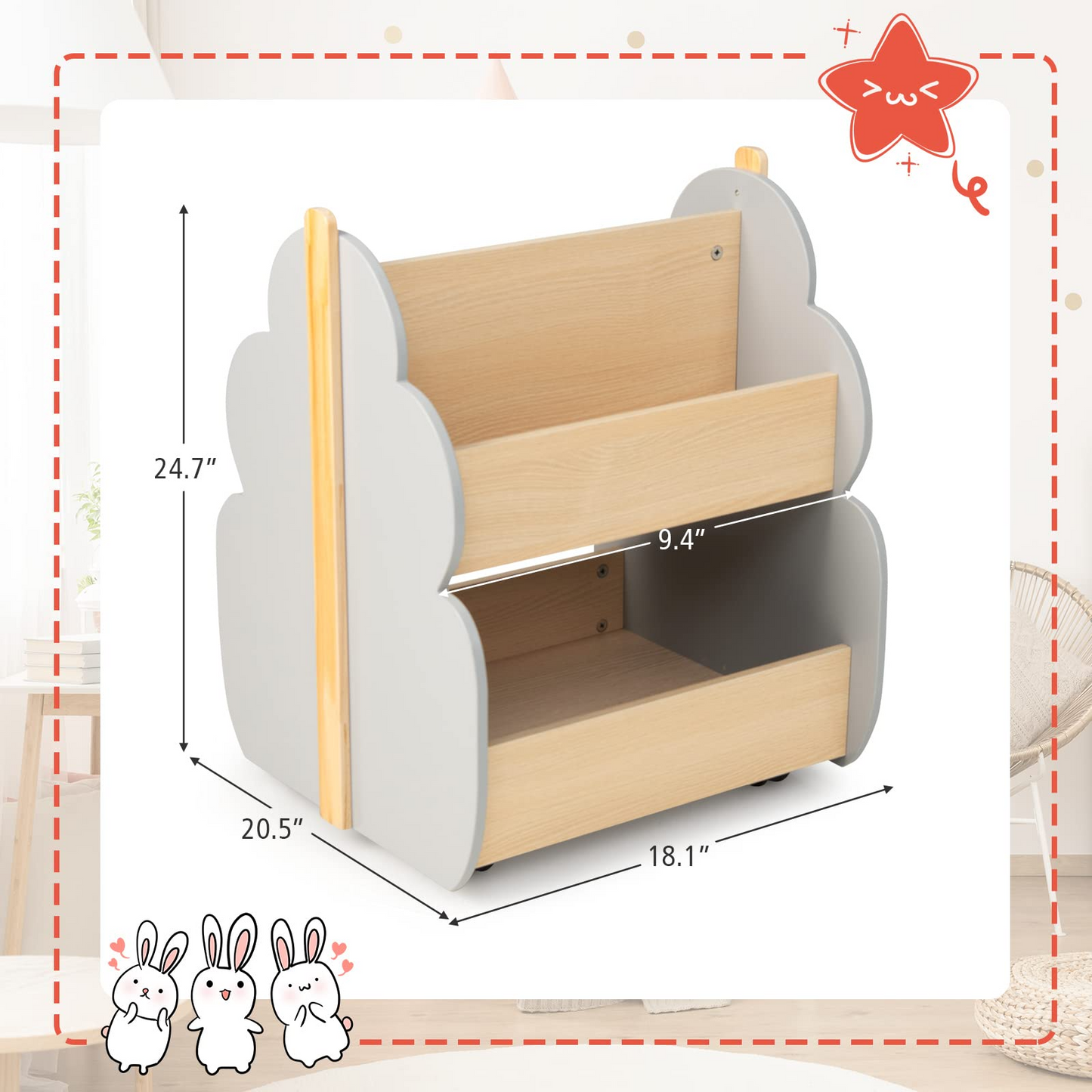 OLAKIDS Kids Bookshelf with Wheels, Wooden Bookcase Toy Storage Cabinet Organizer Holder OLAKIDS