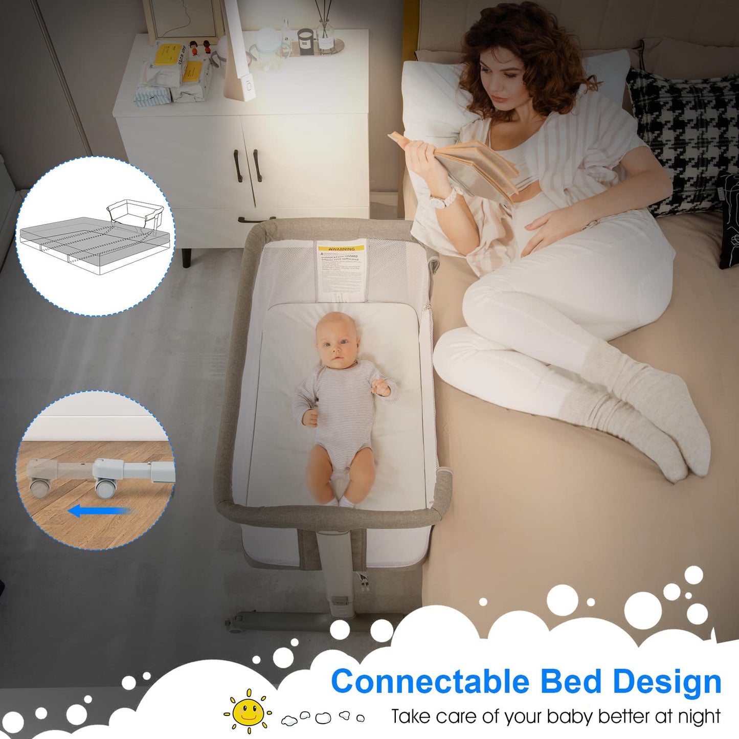 INFANS 3 in 1 Baby Bassinets, Bedside Sleeper for Newborn, Folding Crib with Mattress, Travel Bag, Wheels, 4-Sided Mesh, Easy to Assemble Cradle Co Sleeper Stationary, Rock