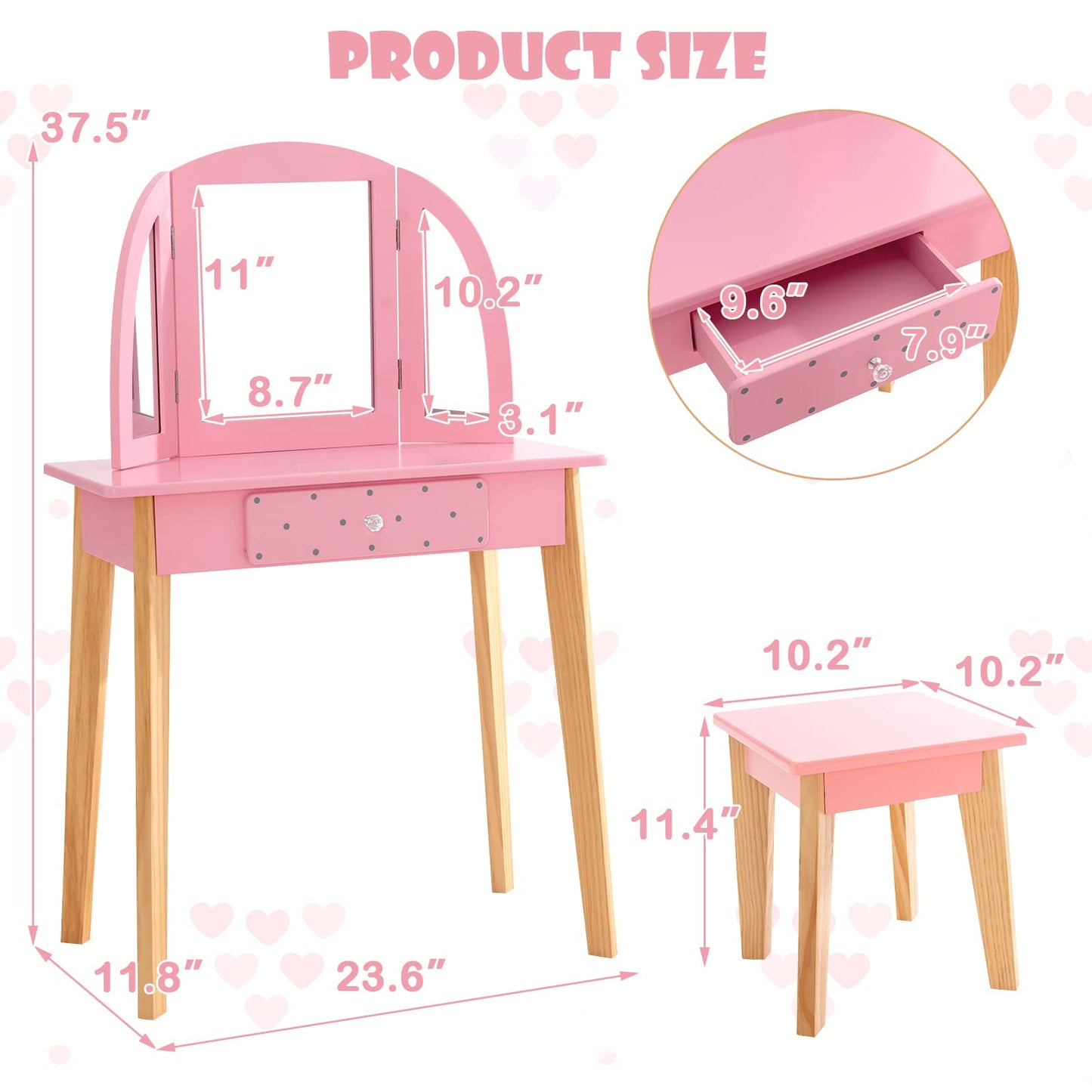 OLAKIDS Kids Vanity Table and Chair Set, Pretend Beauty Play Vanity Set with Tri-Folding Mirror Drawer Stool and Detachable Top, 2 in 1 Wooden Princess Makeup Dressing Table for Girls OLAKIDS