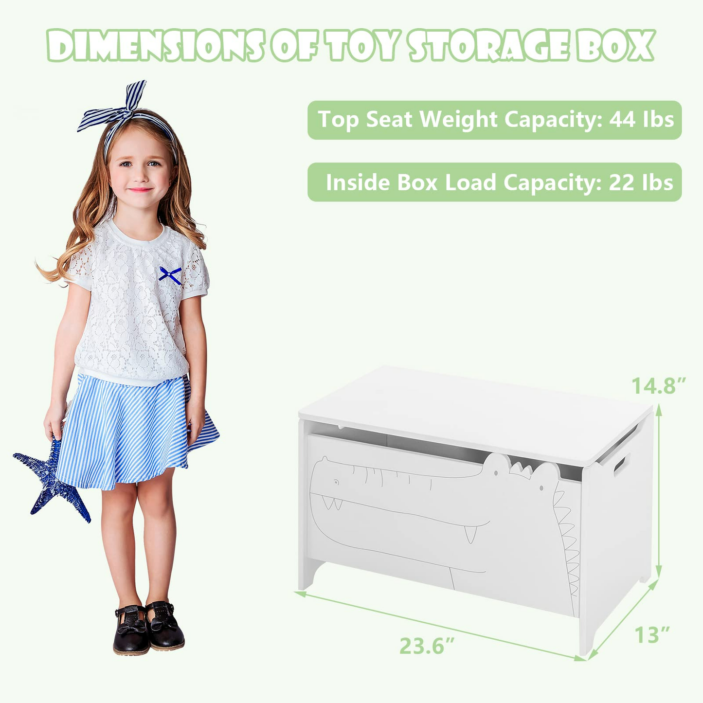 OLAKIDS Wooden Toy Chest , Wide Kids Toy Box Storage Space with Safety Hinge and Handles OLAKIDS