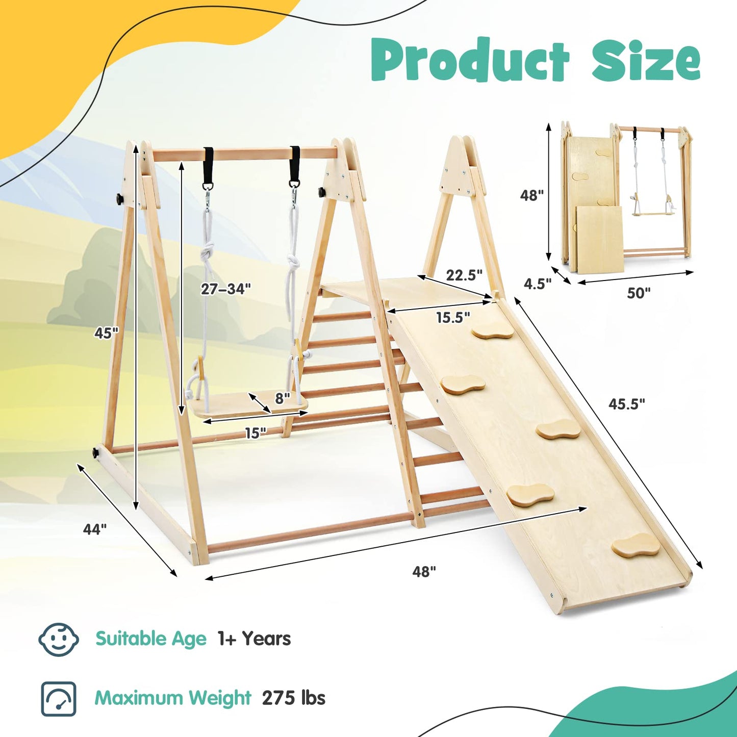 OLAKIDS Toddlers Triangle Climbing Set, 4 in 1 Foldable Kids Wood Montessori Climber Ladder with Ramp, Slide and Swing, Indoor Outdoor Playground Jungle Play Gym Structure for Boys Girls