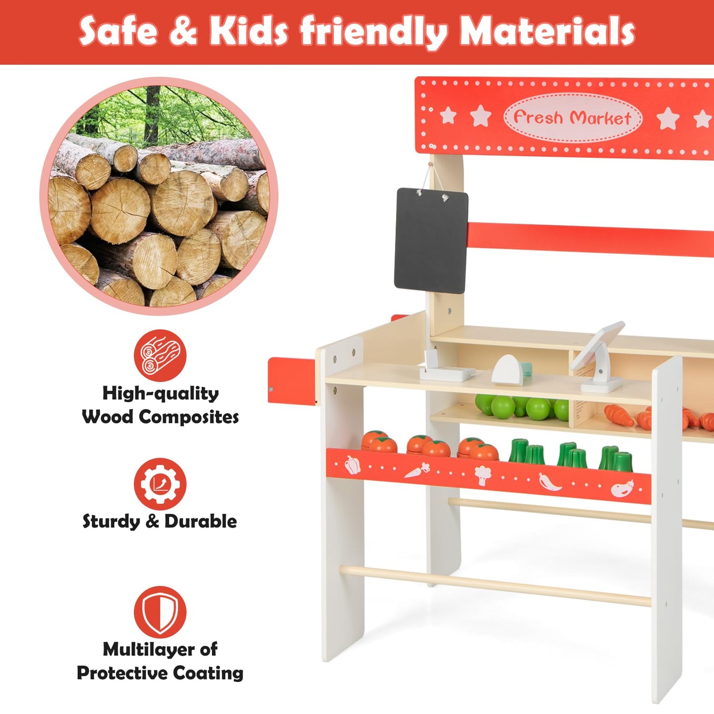 OLAKIDS Grocery Store Marketplace Toy, Kids Wooden Market Stand Pretend Play Set
