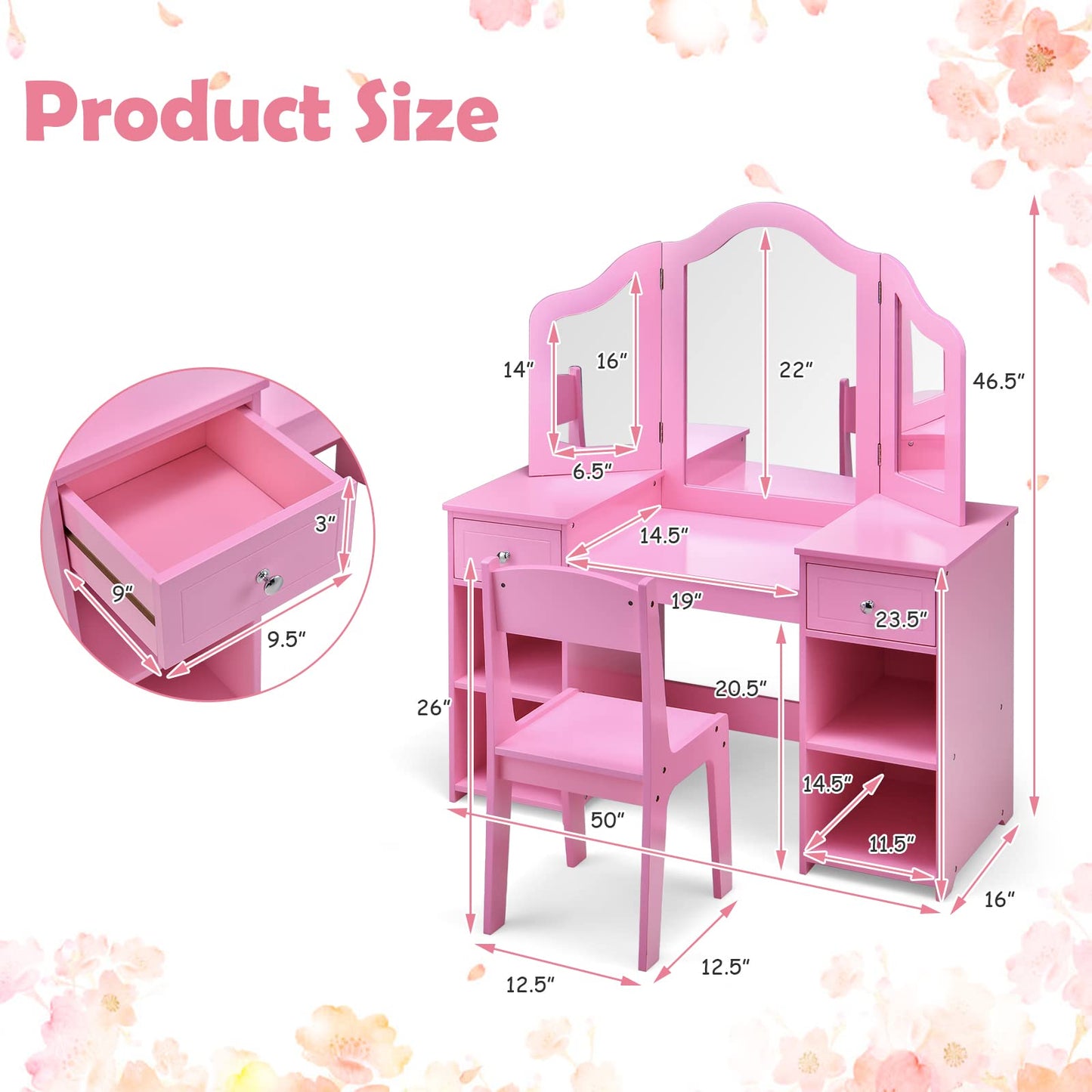 OLAKIDS Kids Vanity, 2 in 1 Princess Makeup Desk and Chair Set with Drawers Tri-Folding Detachable Mirror Large Storage Shelves