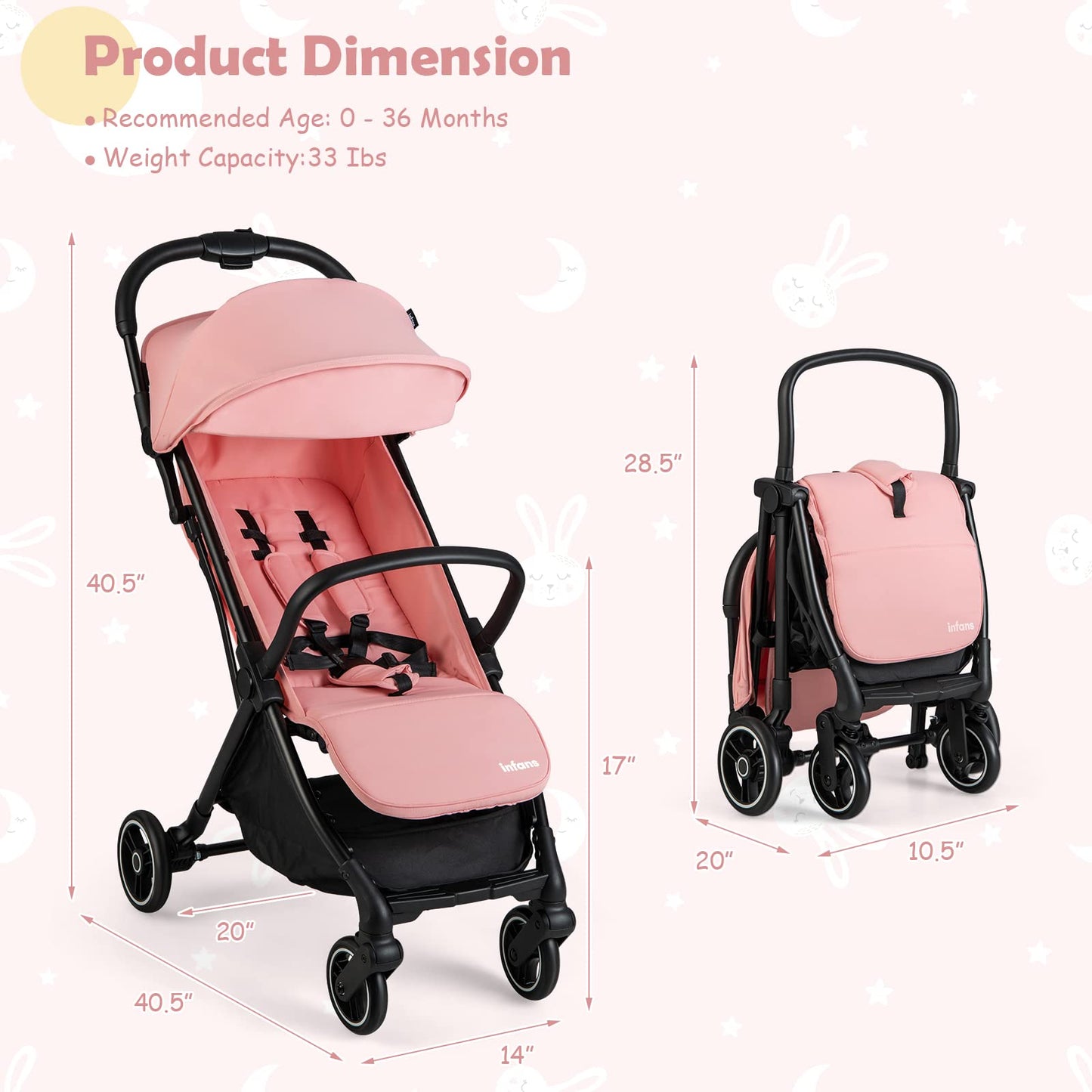 INFANS Lightweight Baby Stroller, One-Hand Gravity Fold, Compact Travel Stroller for Airplane with Aluminium Frame, Adjustable Backrest and Canopy, Foldable Infant Toddler Stroller for 0-36 Month