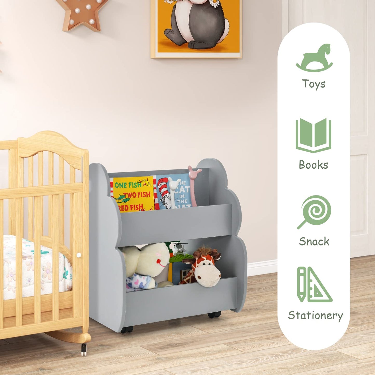 OLAKIDS Kids Bookshelf with Wheels, Wooden Bookcase Toy Storage Cabinet Organizer Holder