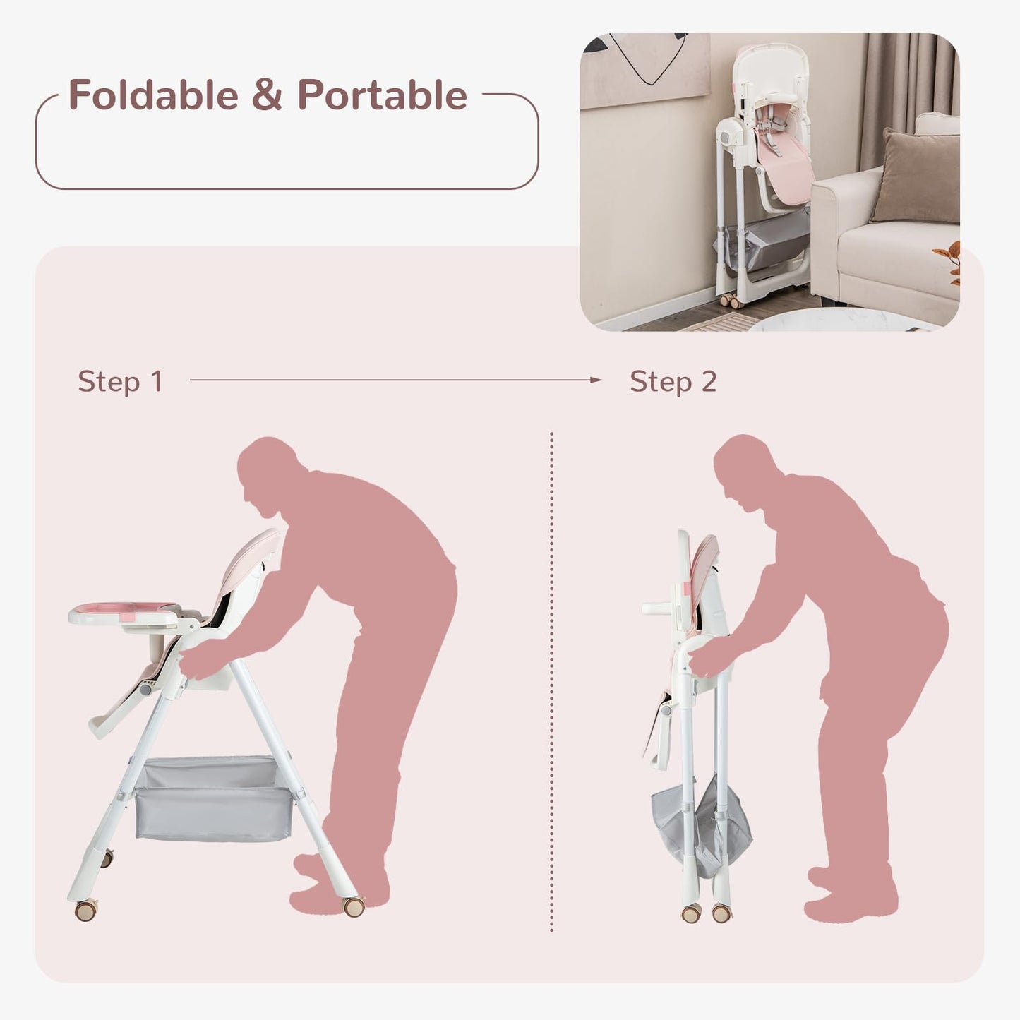 OLAKIDS Baby High Chair, Quick Folding Portable Highchair for Toddlers with Large Storage Basket