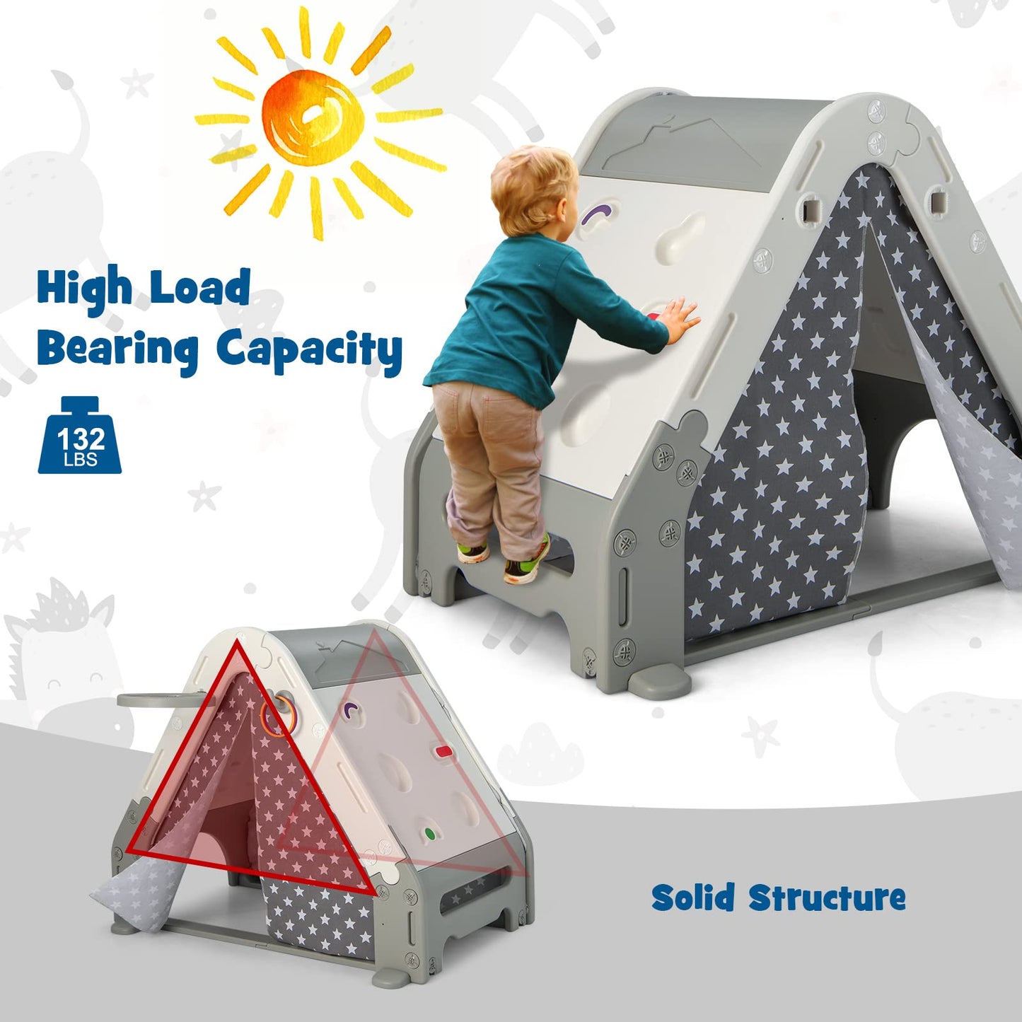 OLAKIDS Triangle Climber with Tent, Kids Hideaway Play Tent with Art Easel