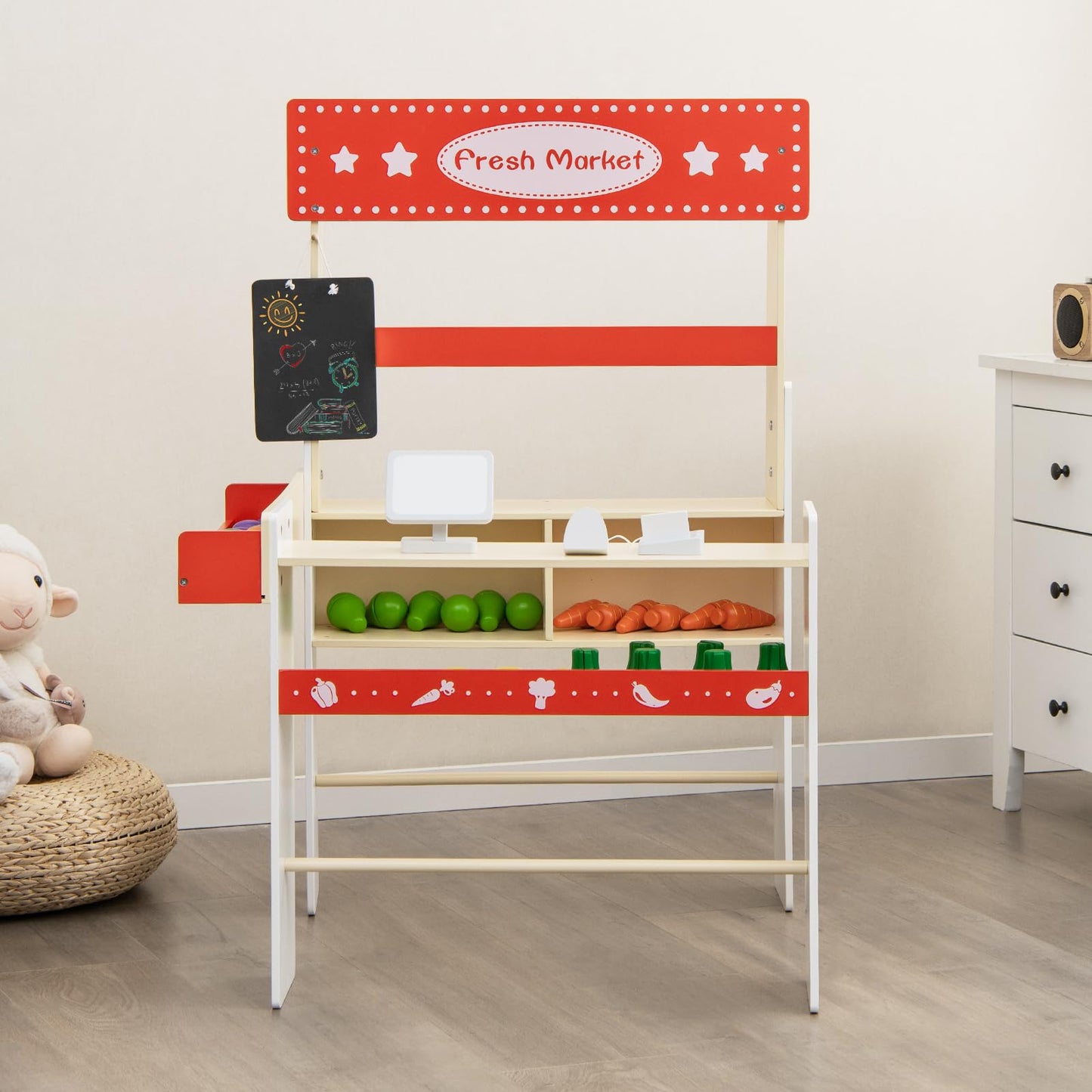 OLAKIDS Grocery Store Marketplace Toy, Kids Wooden Market Stand Pretend Play Set