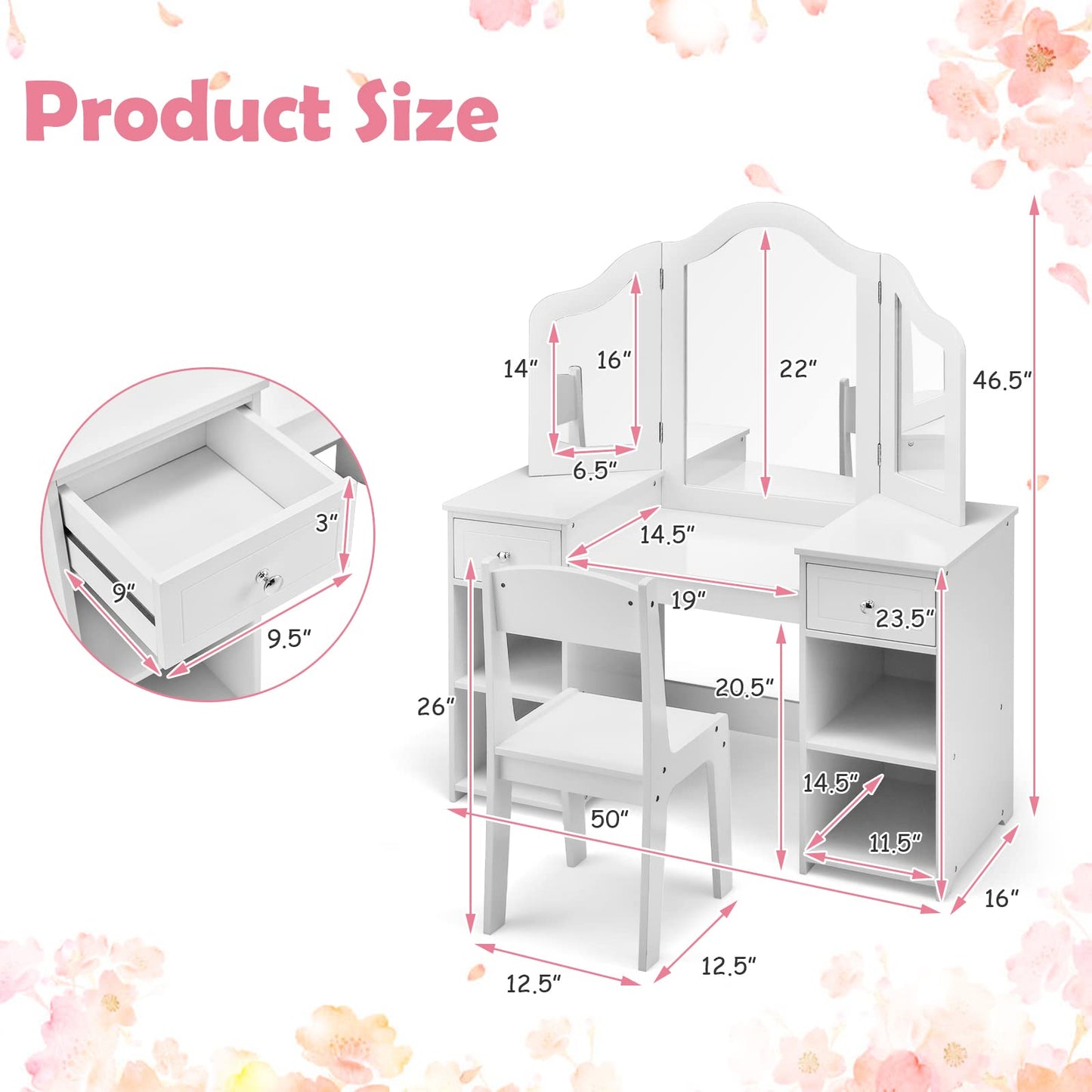 OLAKIDS Kids Vanity, 2 in 1 Princess Makeup Desk and Chair Set with Drawers Tri-Folding Detachable Mirror Large Storage Shelves