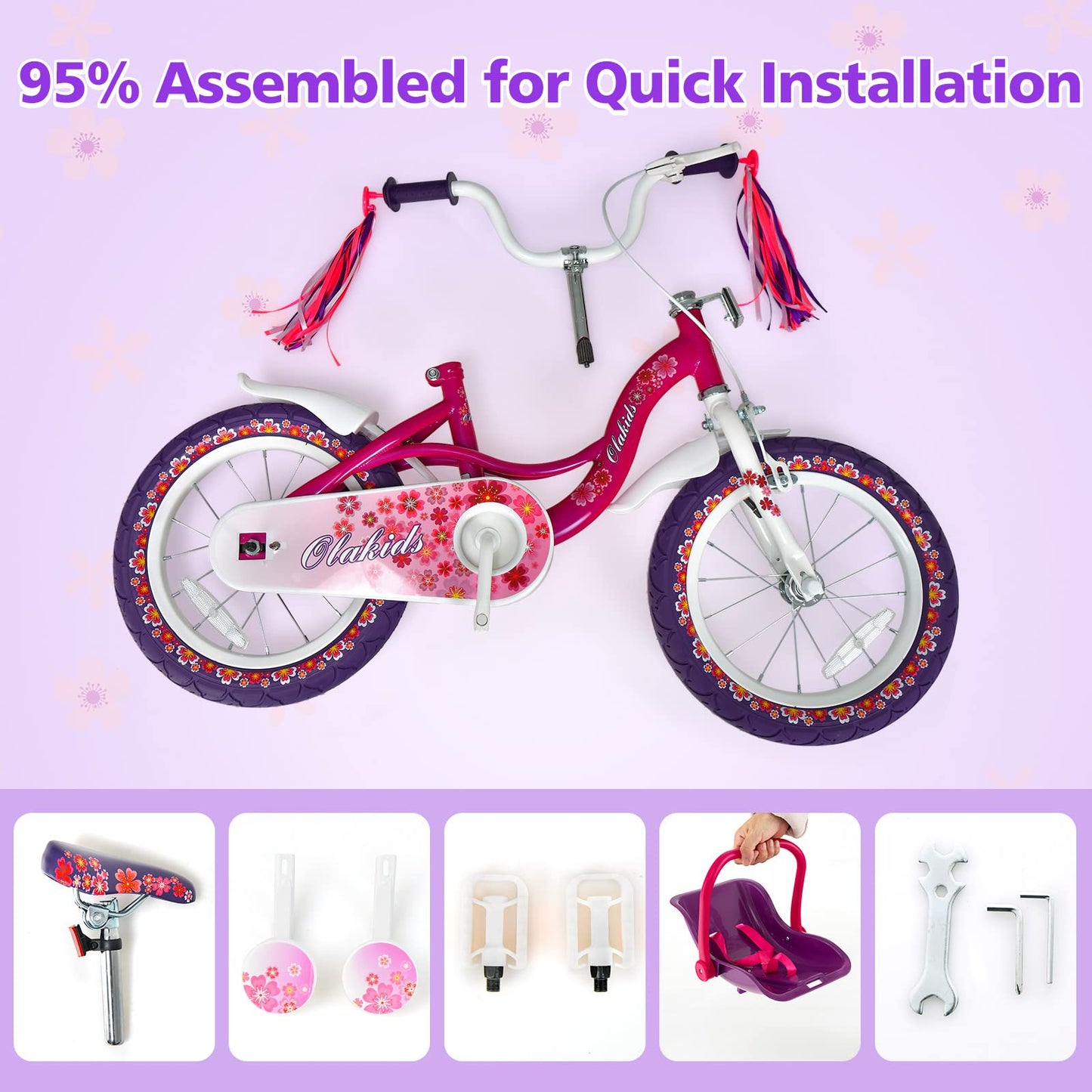 OLAKIDS Kids Bike for Girls, 14 16 Inch Children's Bicycle with Removable Training Wheels and Doll Seat