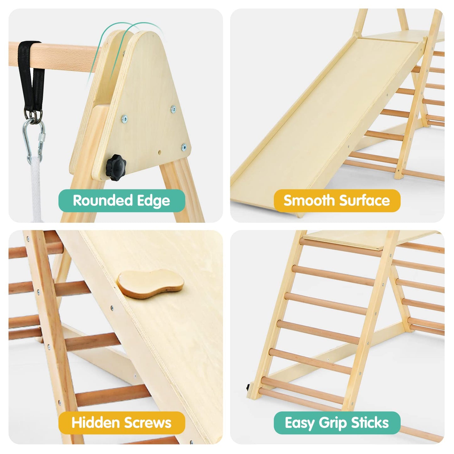 OLAKIDS Toddlers Triangle Climbing Set, 4 in 1 Foldable Kids Wood Montessori Climber Ladder with Ramp, Slide and Swing, Indoor Outdoor Playground Jungle Play Gym Structure for Boys Girls