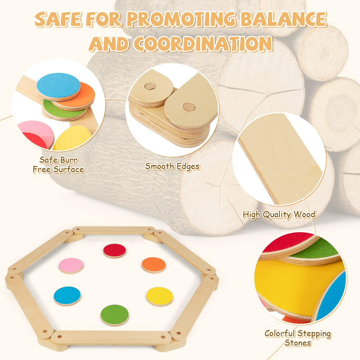 OLAKIDS Montessori Wooden Balance Beam Stepping Stones for Kids Toddler,12 Piece Obstacle Course for Playroom Indoor Outdoor OLAKIDS