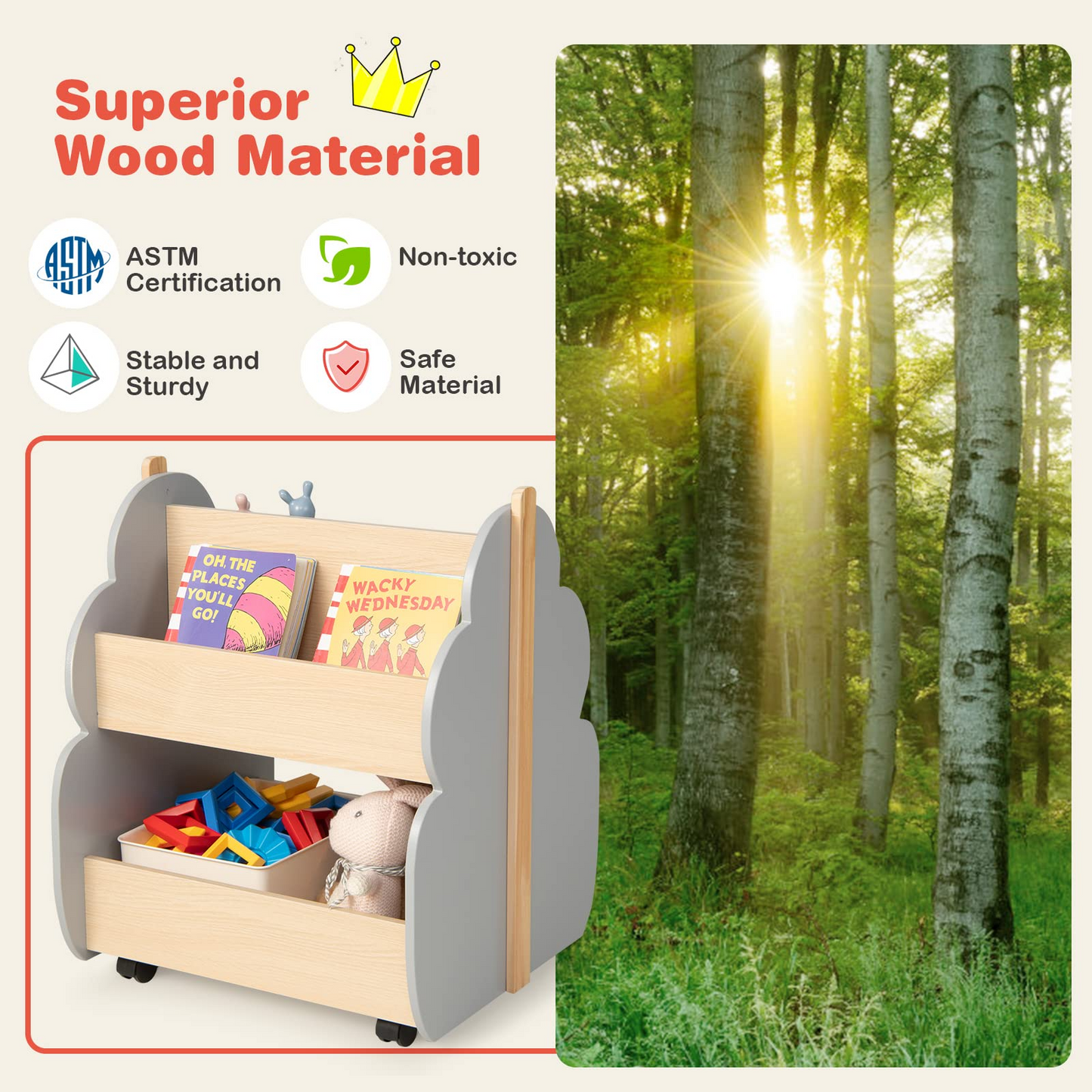 OLAKIDS Kids Bookshelf with Wheels, Wooden Bookcase Toy Storage Cabinet Organizer Holder OLAKIDS