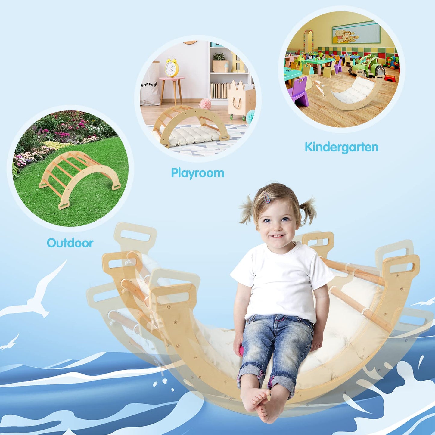 OLAKIDS 4 in 1 Arch Climbing Toys for Toddlers, Montessori Wooden Arch Climber Ladder Structure and Rocker with Cushion Pad